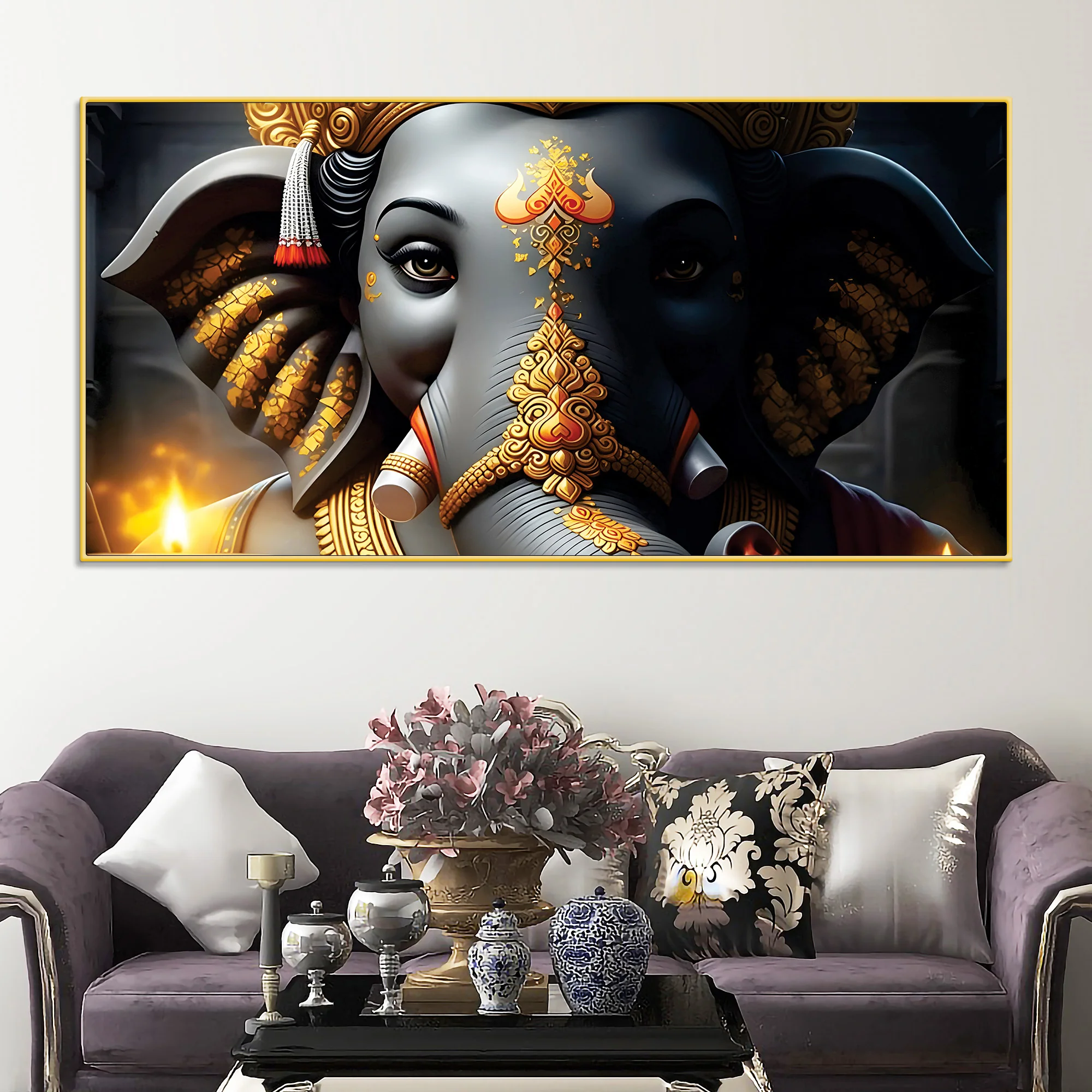 Royal Lord Shri Ganesha Grey & Dark Gold Canvas Wall Painting – Luxury Spiritual Wall Art for Home & Office Decor - Image 3