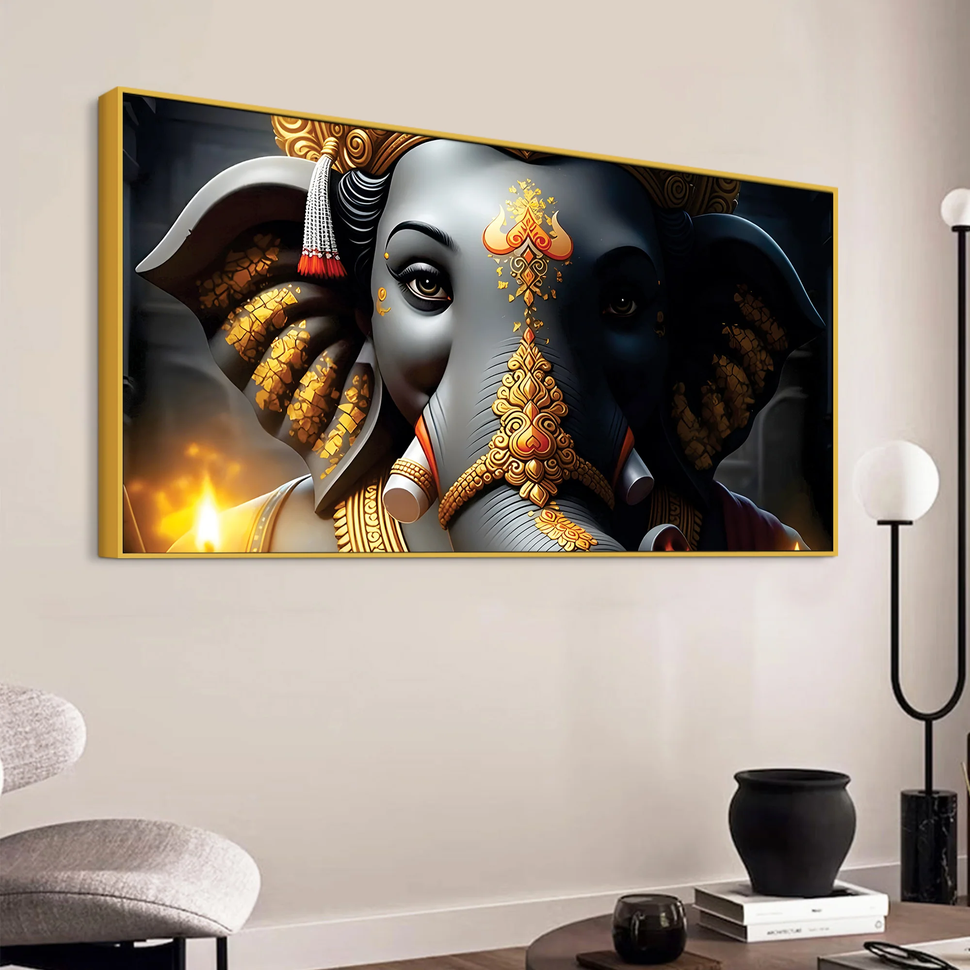 Royal Lord Shri Ganesha Grey & Dark Gold Canvas Wall Painting – Luxury Spiritual Wall Art for Home & Office Decor - Image 5