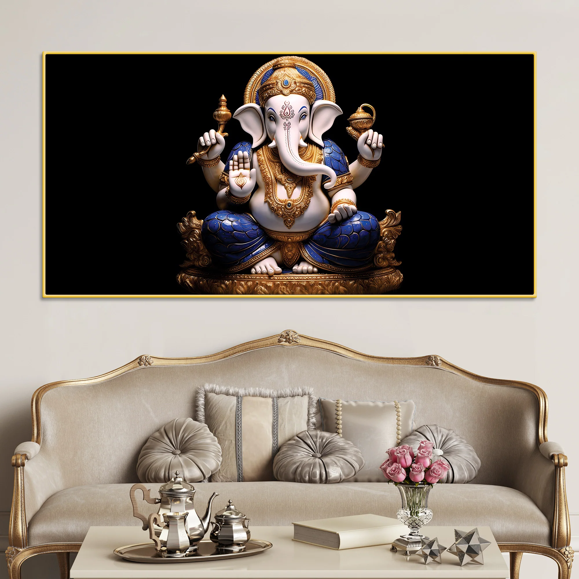 Royal Lord Shri Ganpati Bappa Auspicious Golden & Blue Sculpture Canvas Wall Painting for Home & Office – Modern Religious Wall Decor