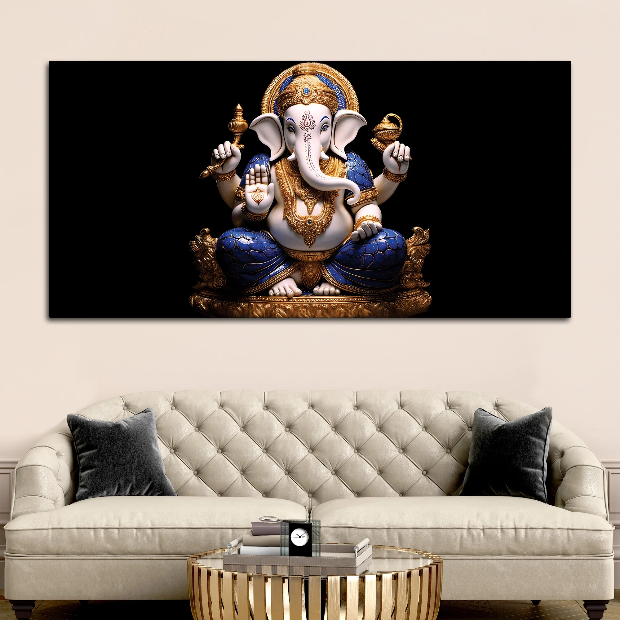 Royal Lord Shri Ganpati Bappa Auspicious Golden & Blue Sculpture Canvas Wall Painting for Home & Office – Modern Religious Wall Decor - Image 2