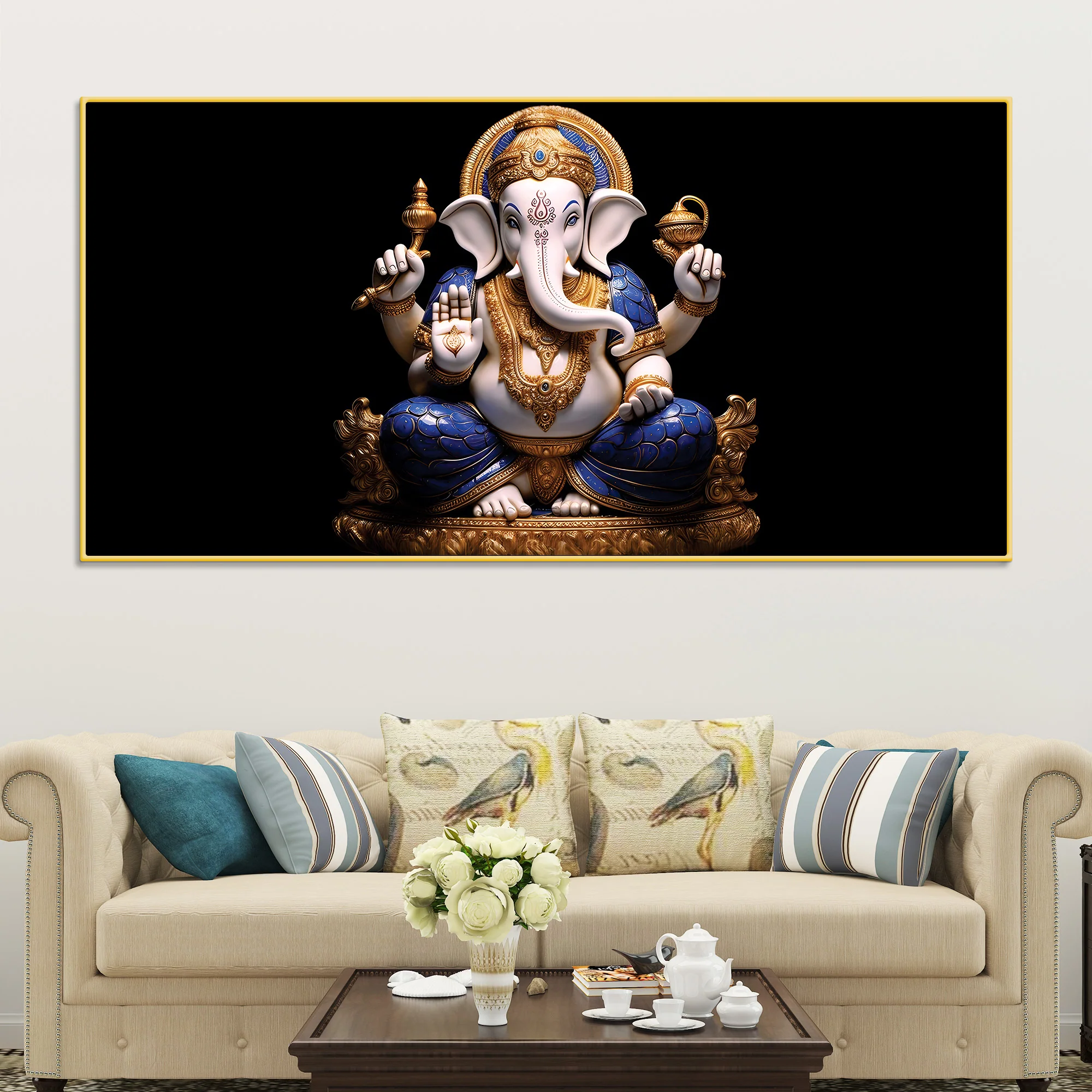 Royal Lord Shri Ganpati Bappa Auspicious Golden & Blue Sculpture Canvas Wall Painting for Home & Office – Modern Religious Wall Decor - Image 3
