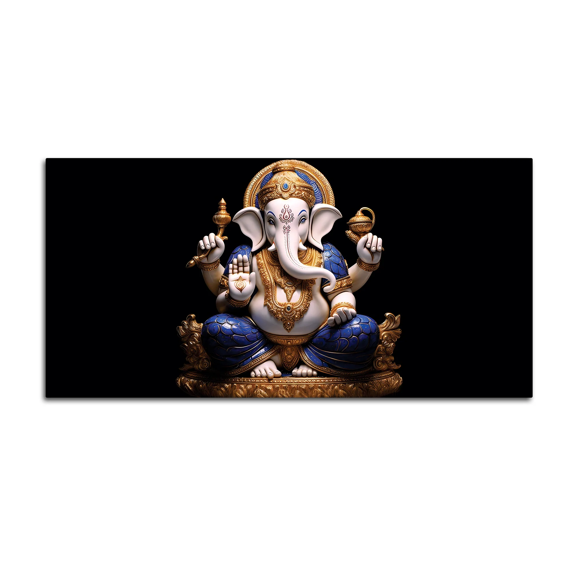 Royal Lord Shri Ganpati Bappa Auspicious Golden & Blue Sculpture Canvas Wall Painting for Home & Office – Modern Religious Wall Decor - Image 4