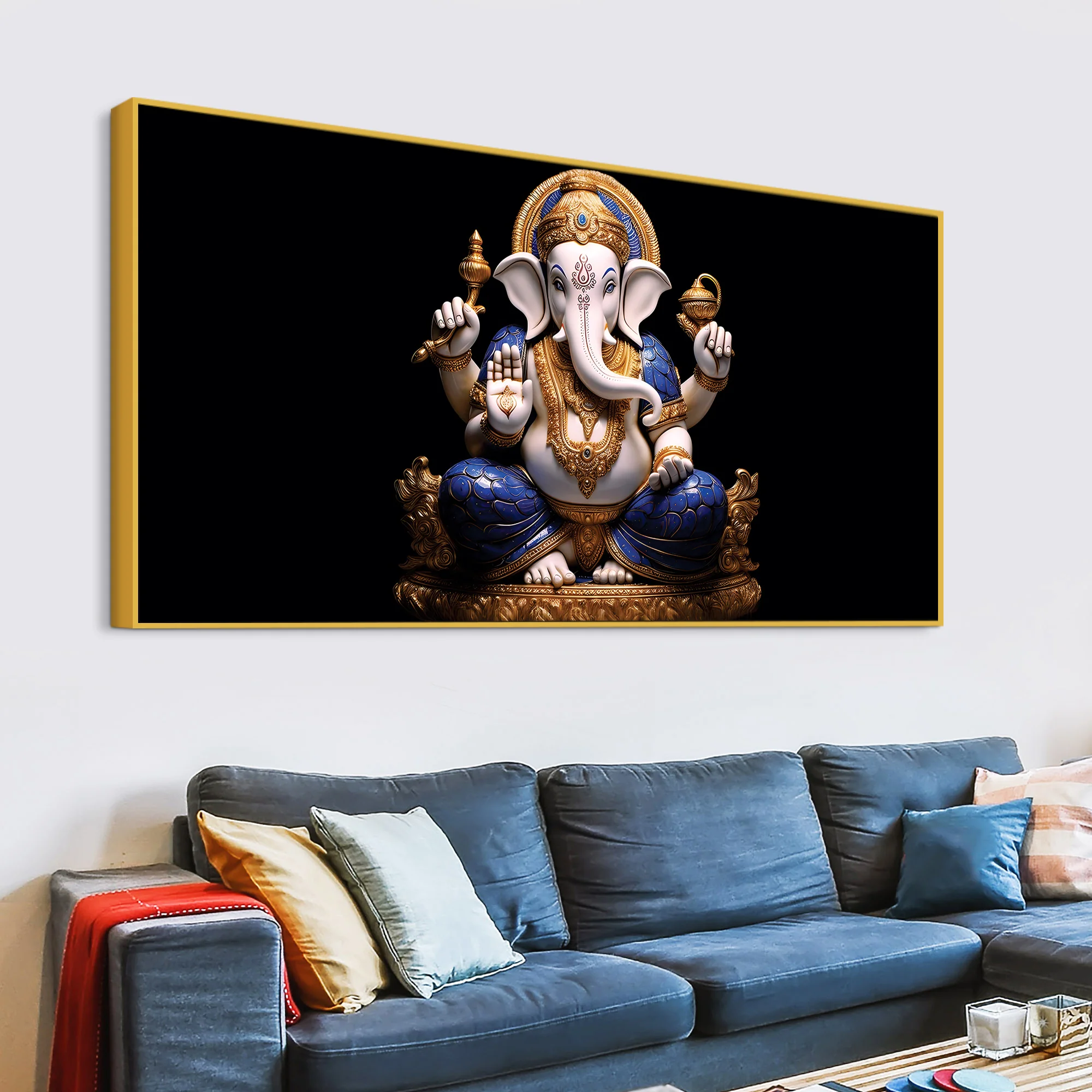 Royal Lord Shri Ganpati Bappa Auspicious Golden & Blue Sculpture Canvas Wall Painting for Home & Office – Modern Religious Wall Decor - Image 5