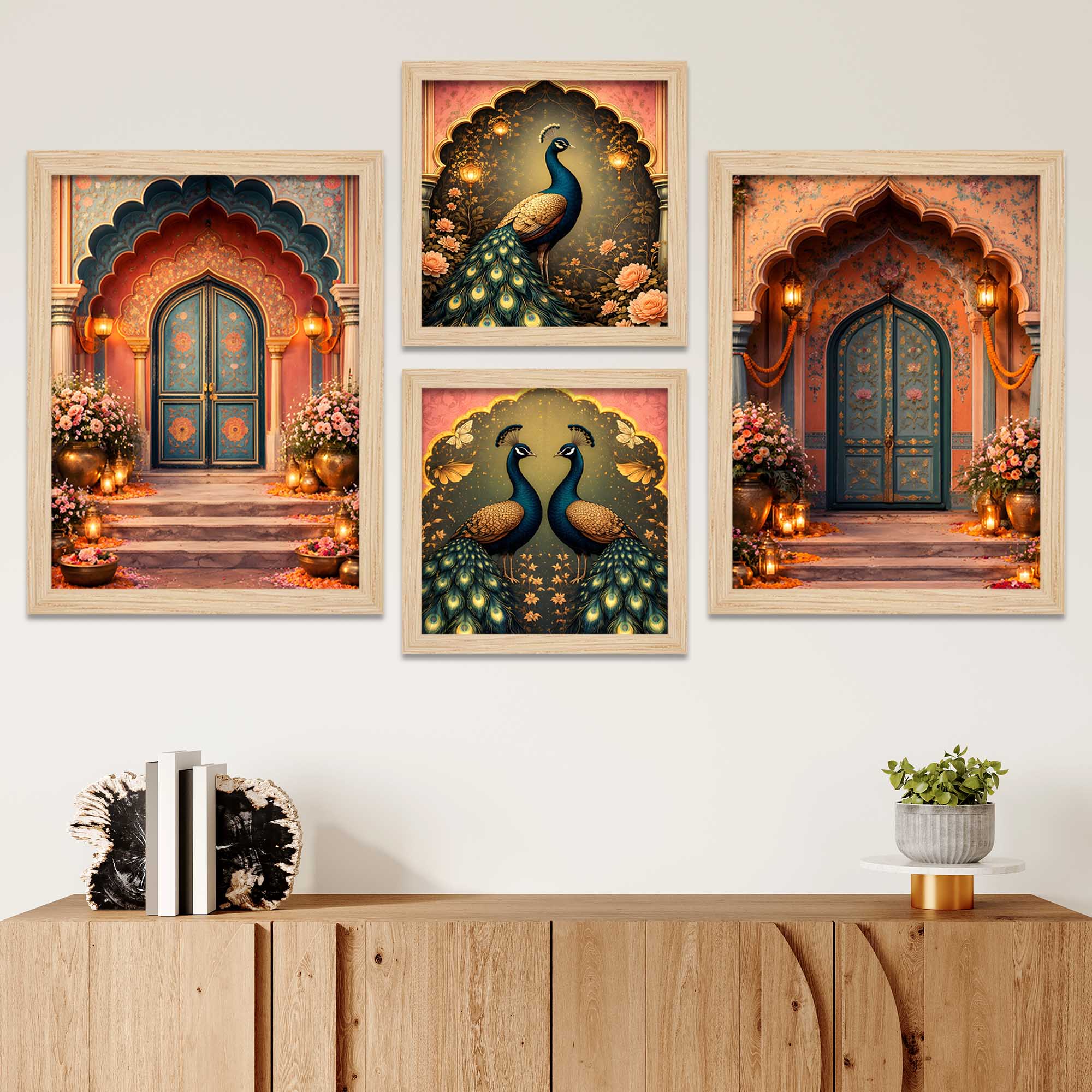 Royal Mughal Doorway & Peacock Art Wall Frame Set of Four - Image 2