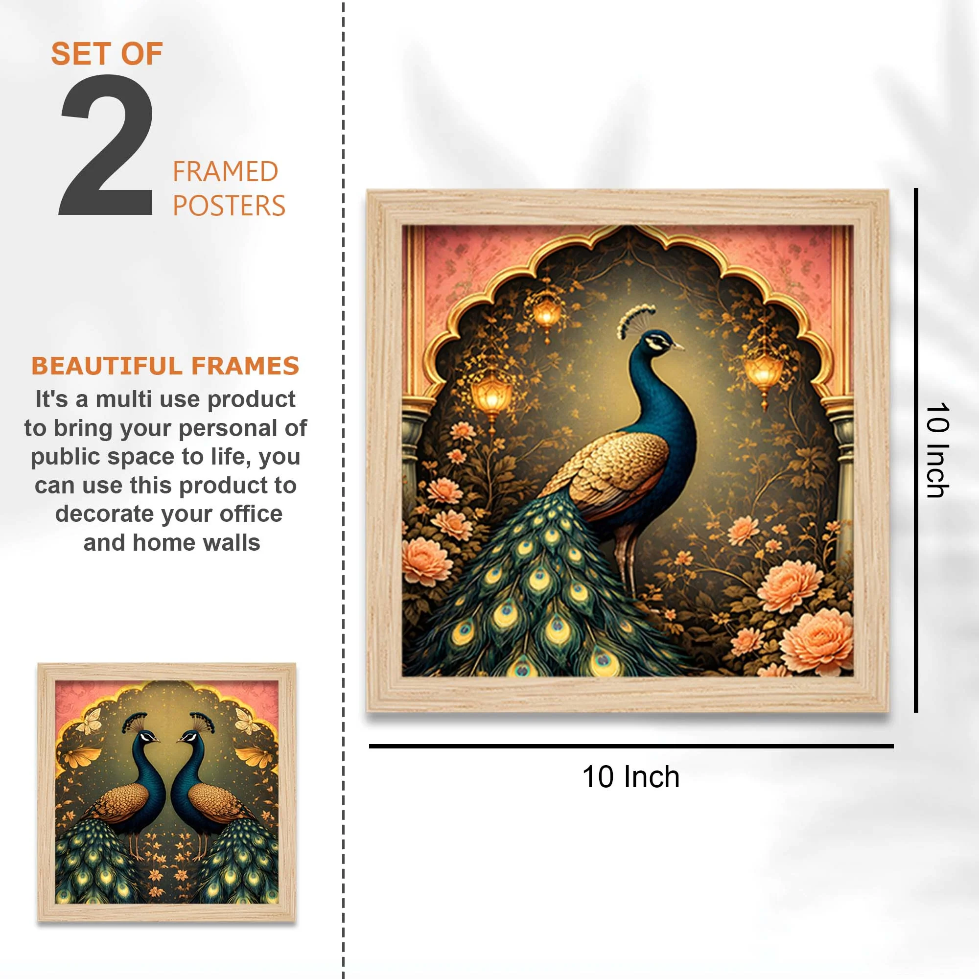 Royal Mughal Doorway & Peacock Art Wall Frame Set of Four - Image 3