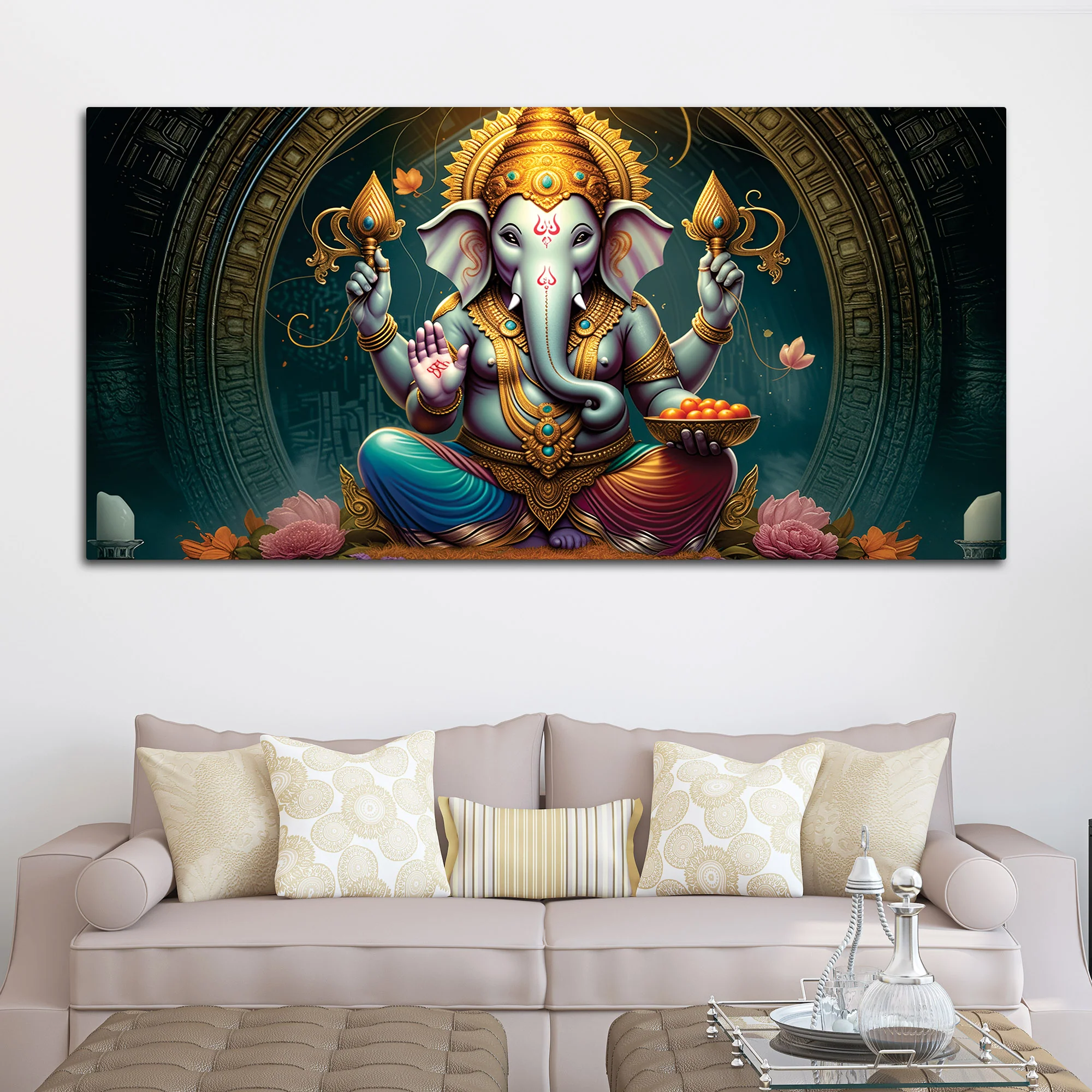 Royal Temple Inspired Lord Shri Ganeshji Canvas Wall Art Painting for Home & Office – Elegant Spiritual Wall Décor - Image 2