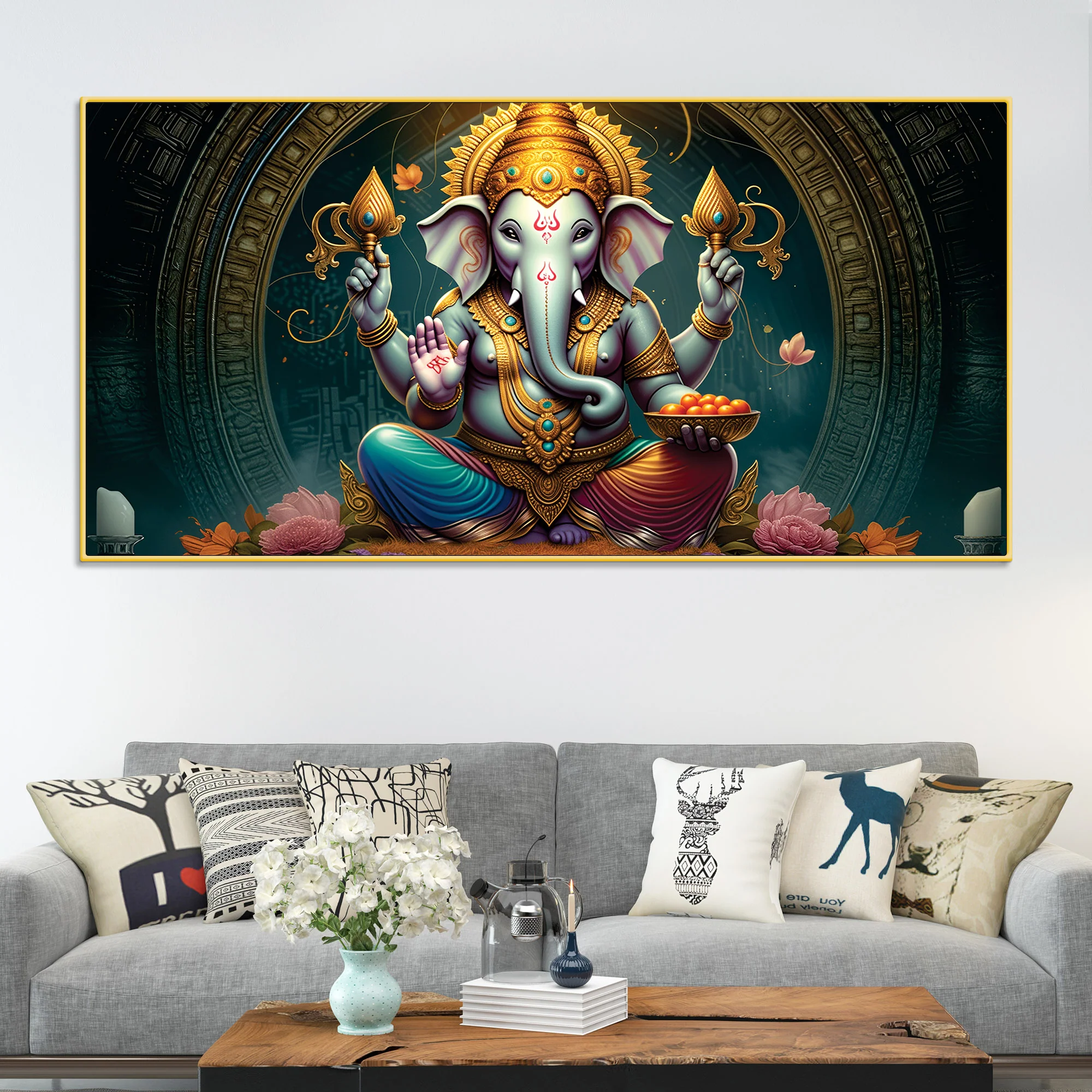 Royal Temple Inspired Lord Shri Ganeshji Canvas Wall Art Painting for Home & Office – Elegant Spiritual Wall Décor - Image 3