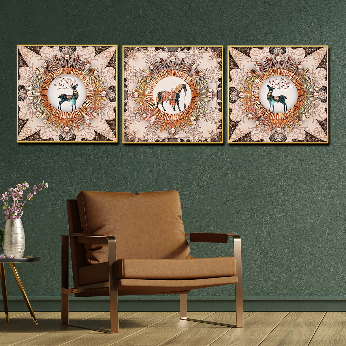 Royal Wild Family Horse Framed Crystal Glass Set of 3 Painting - Image 2