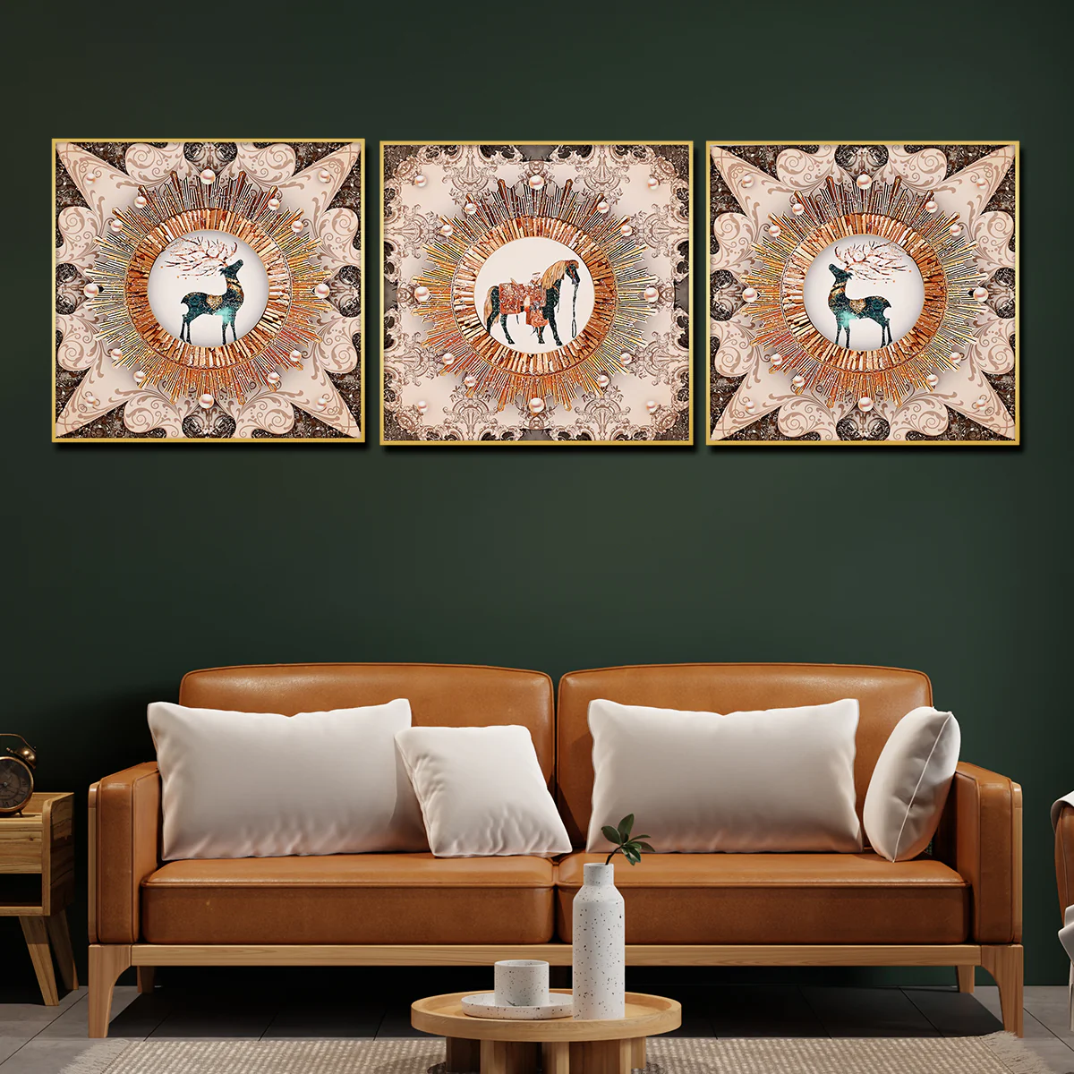 Royal Wild Family Horse Framed Crystal Glass Set of 3 Painting - Image 3