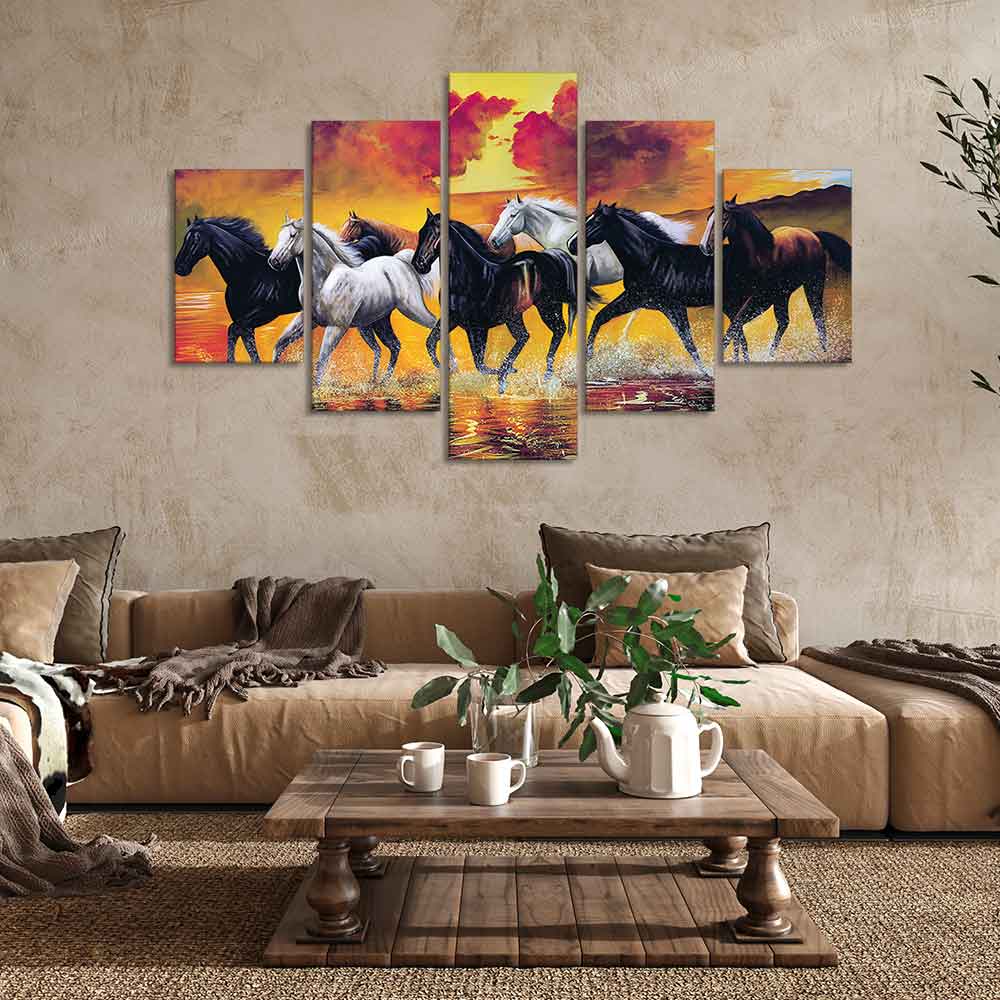 Running Seven Horses Wall Painting Five Pieces - Image 2