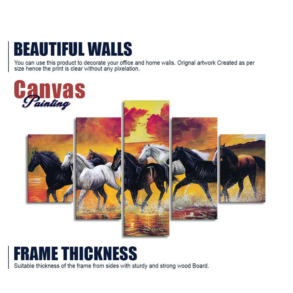 Running Seven Horses Wall Painting Five Pieces - Image 6