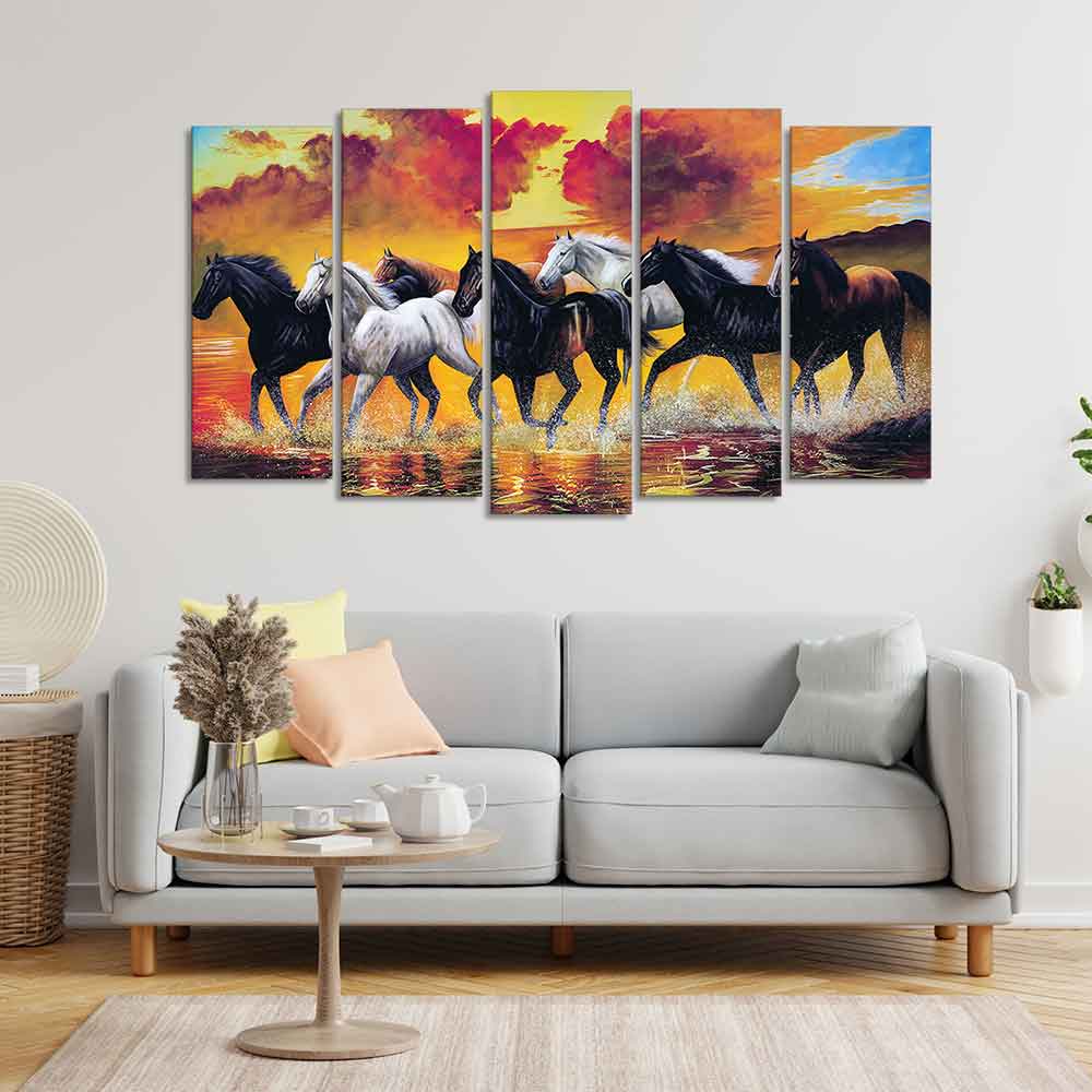 Running Seven Horses Wall Painting of Five Pieces - Image 2