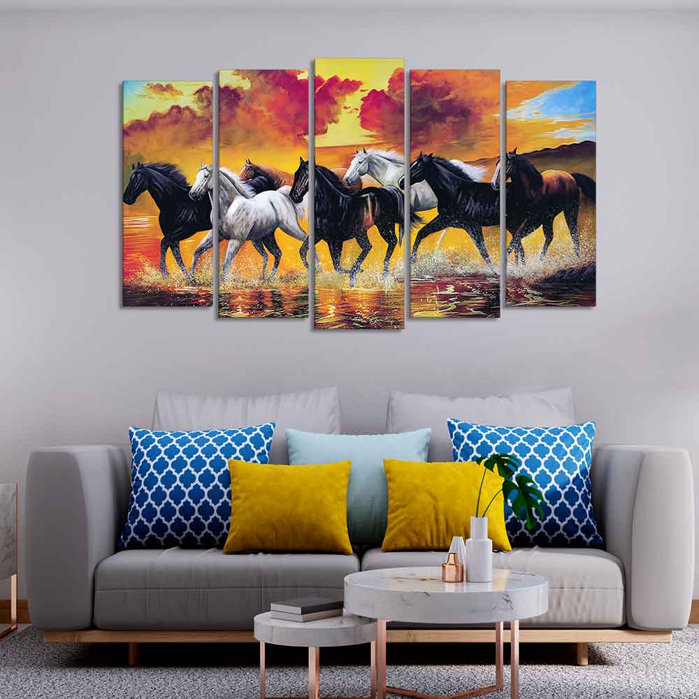 Running Seven Horses Wall Painting of Five Pieces - Image 3