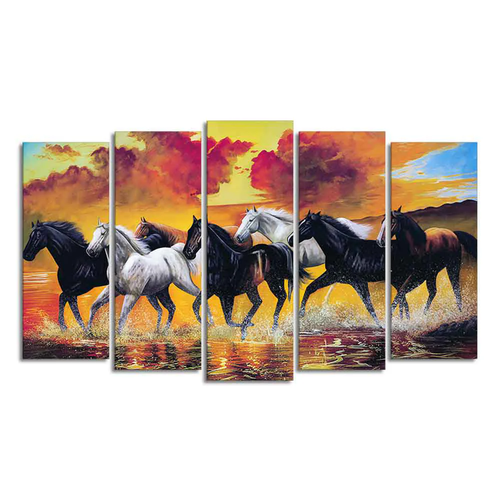 Running Seven Horses Wall Painting of Five Pieces - Image 4