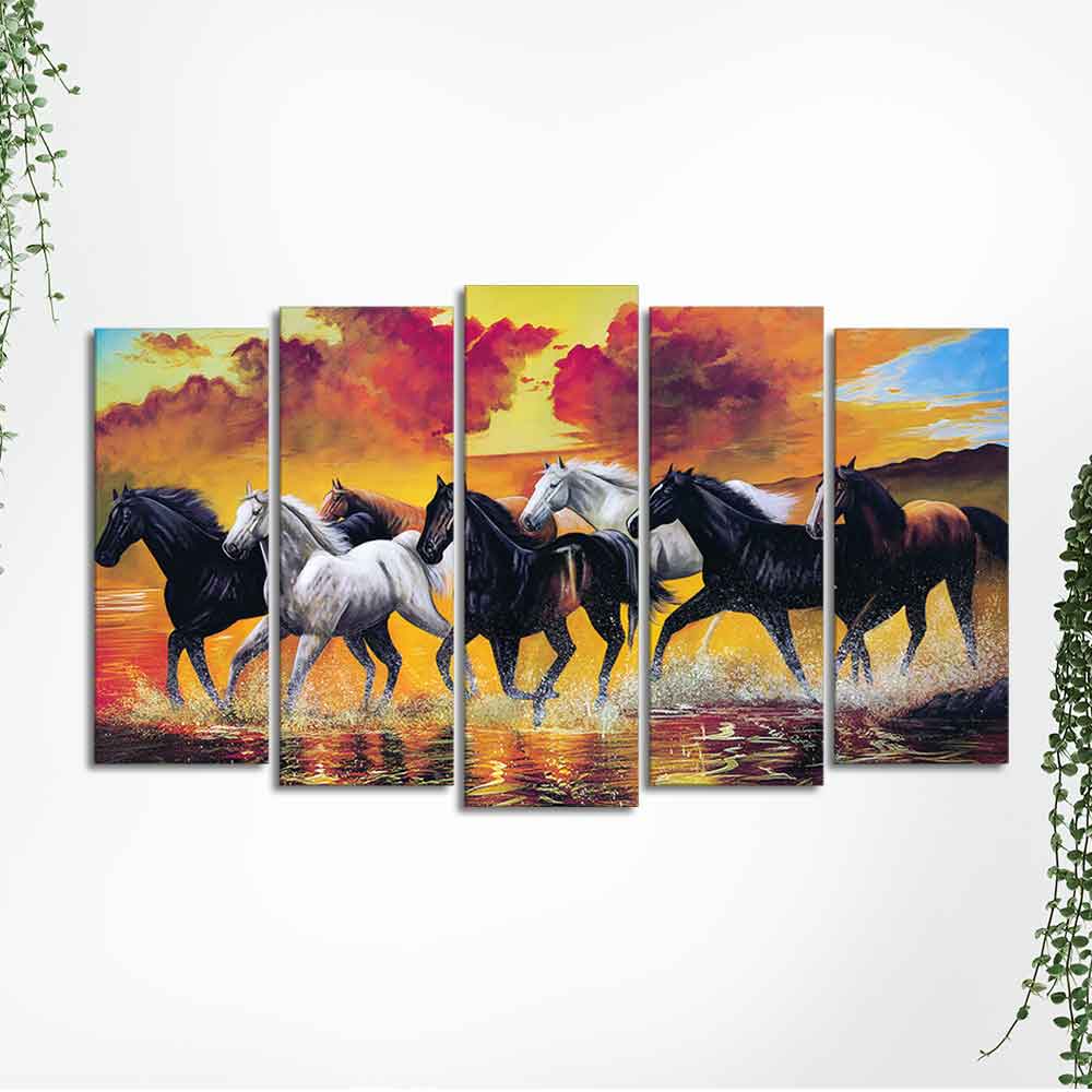 Running Seven Horses Wall Painting of Five Pieces - Image 5