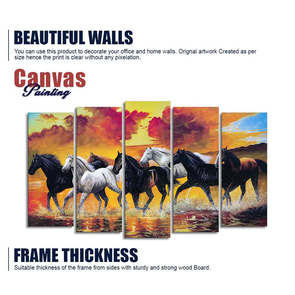 Running Seven Horses Wall Painting of Five Pieces - Image 6