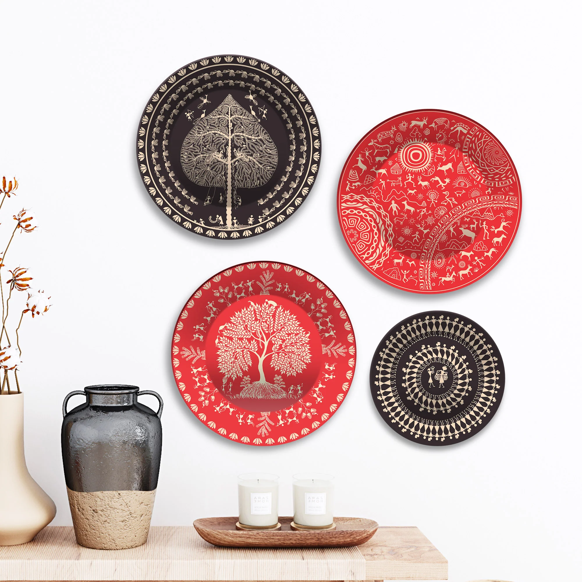 Rustic Elegance Warli Art Premium Wall Plates Painting Set of Four - Image 2