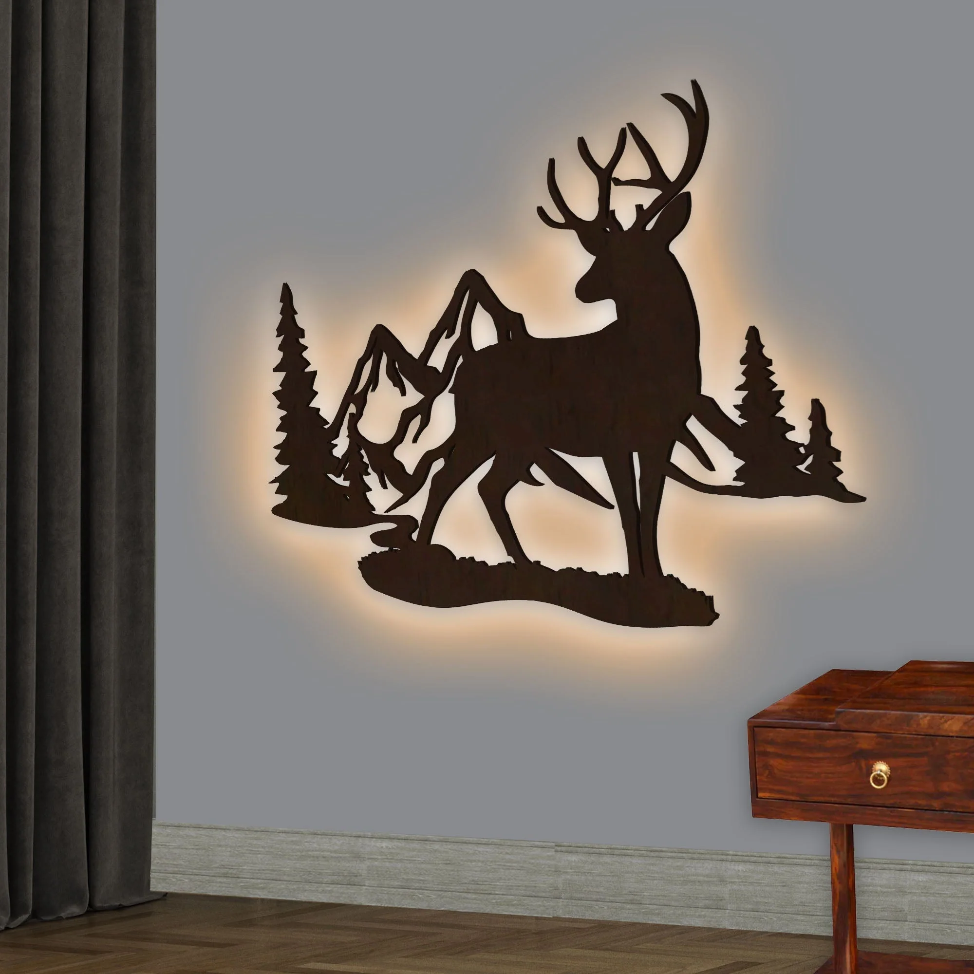 Rustic Forest Deer Backlit Wooden Wall Decor with LED Night Light Walnut Finish - Image 2