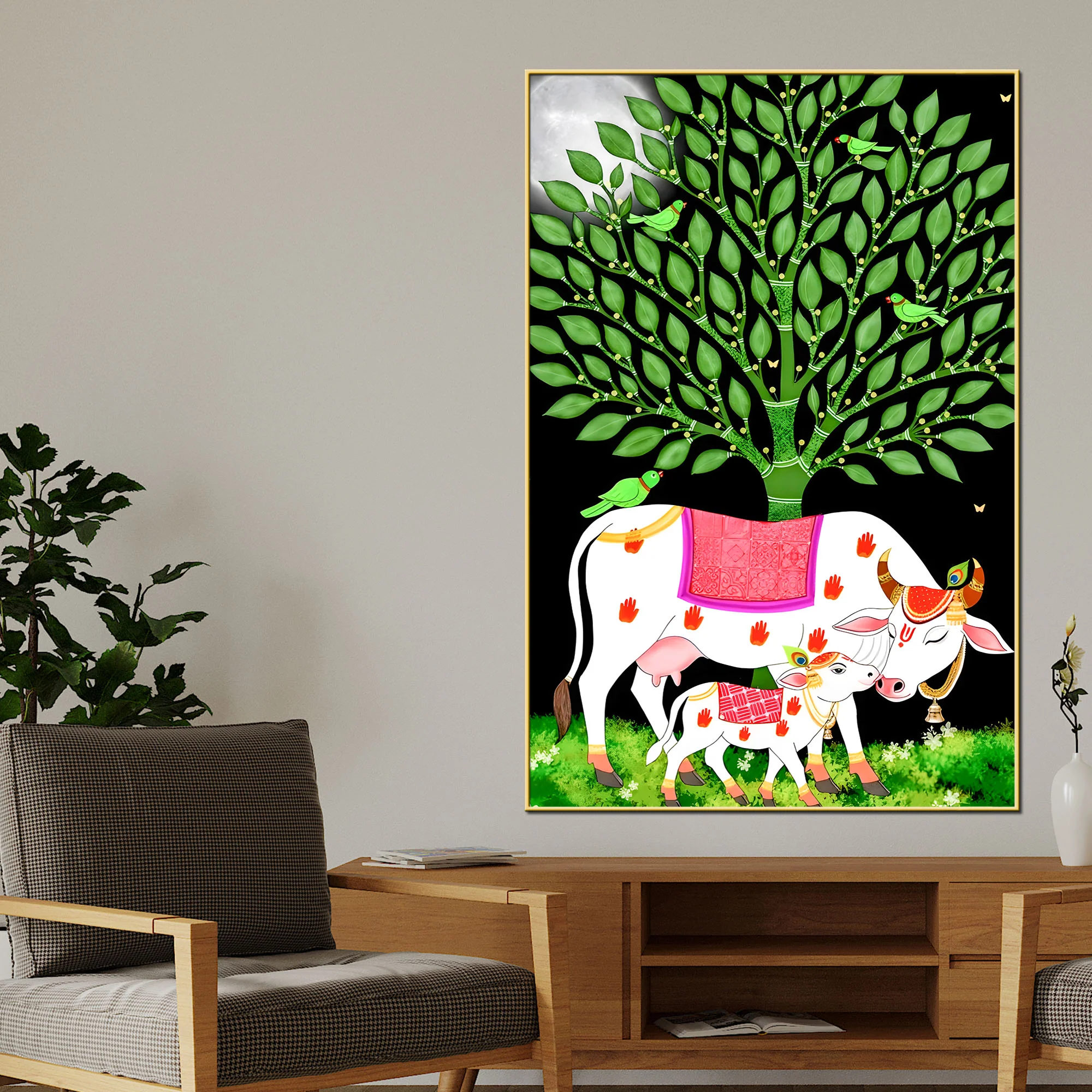 Sacred Cow and Calf Tree of Life Canvas Painting - Image 2