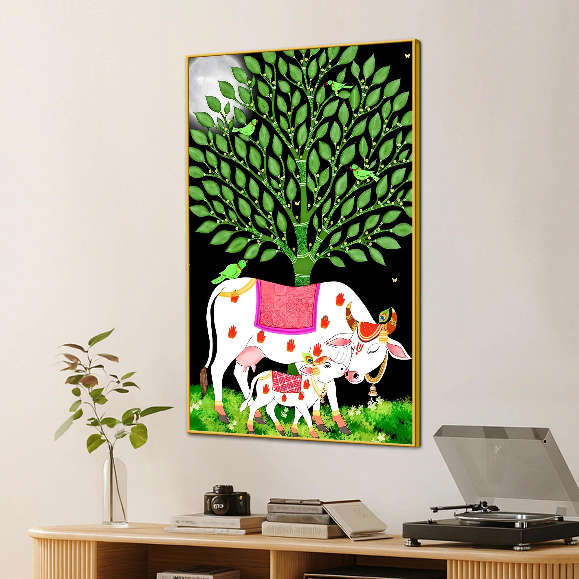 Sacred Cow and Calf Tree of Life Canvas Painting - Image 3
