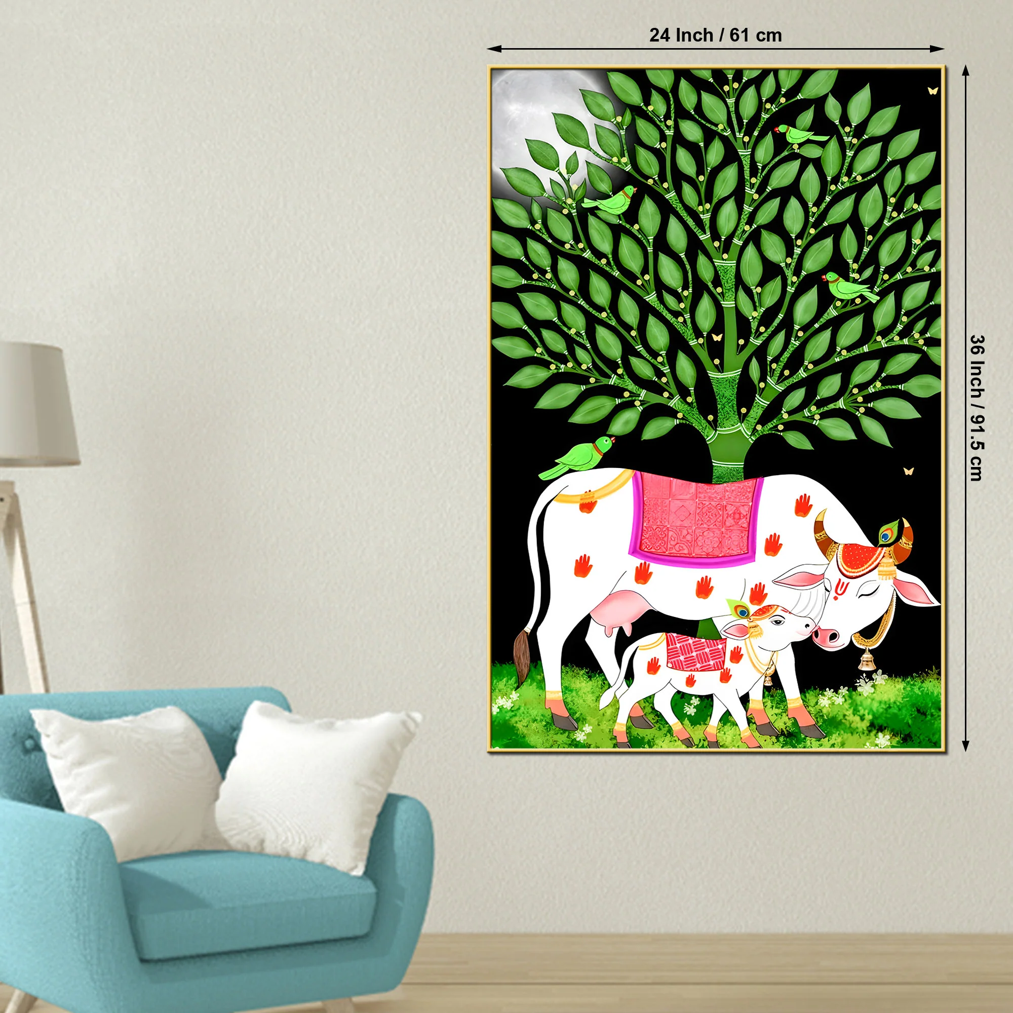 Sacred Cow and Calf Tree of Life Canvas Painting - Image 5