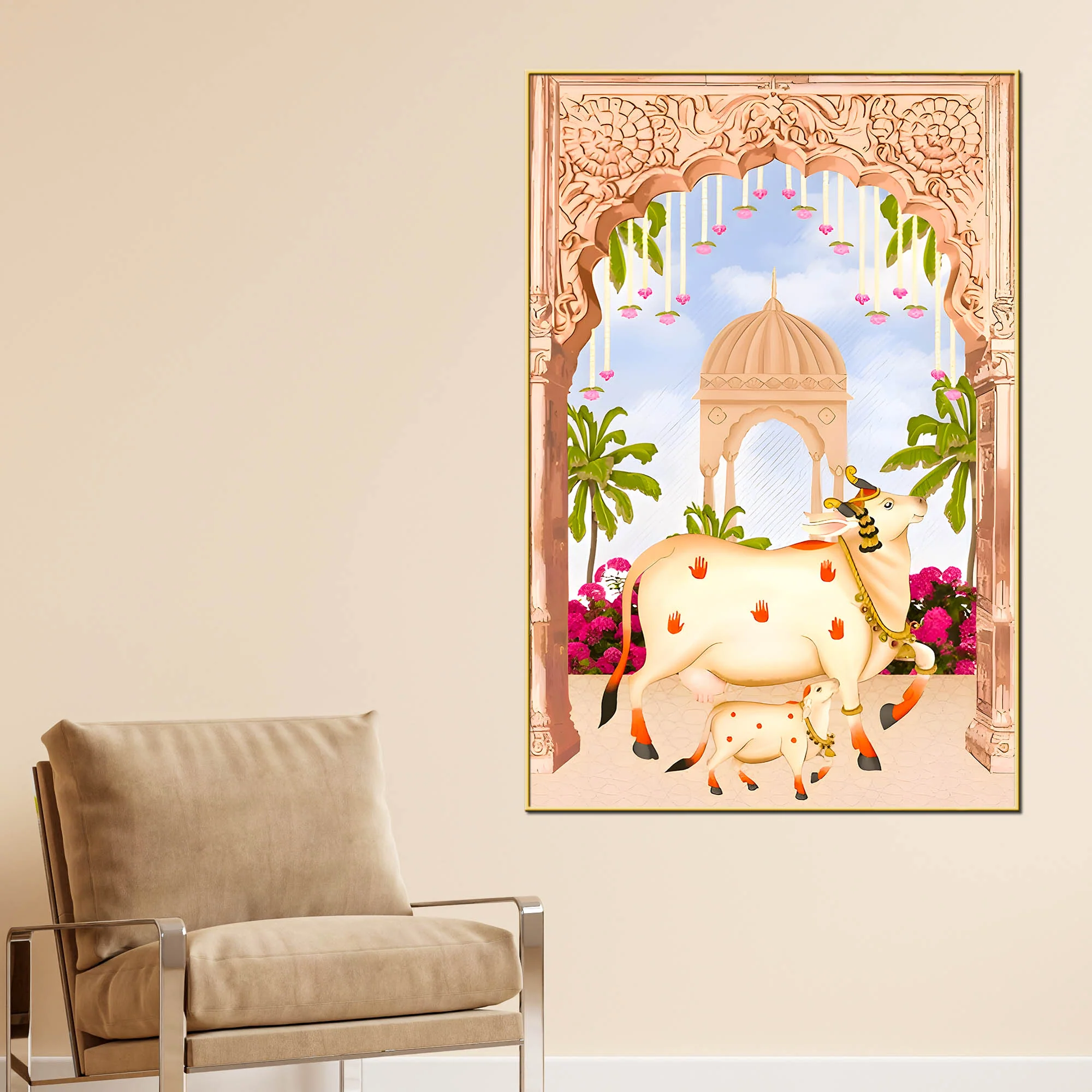 Sacred Cow Kamdhenu with Calf Canvas Wall Painting - Image 2