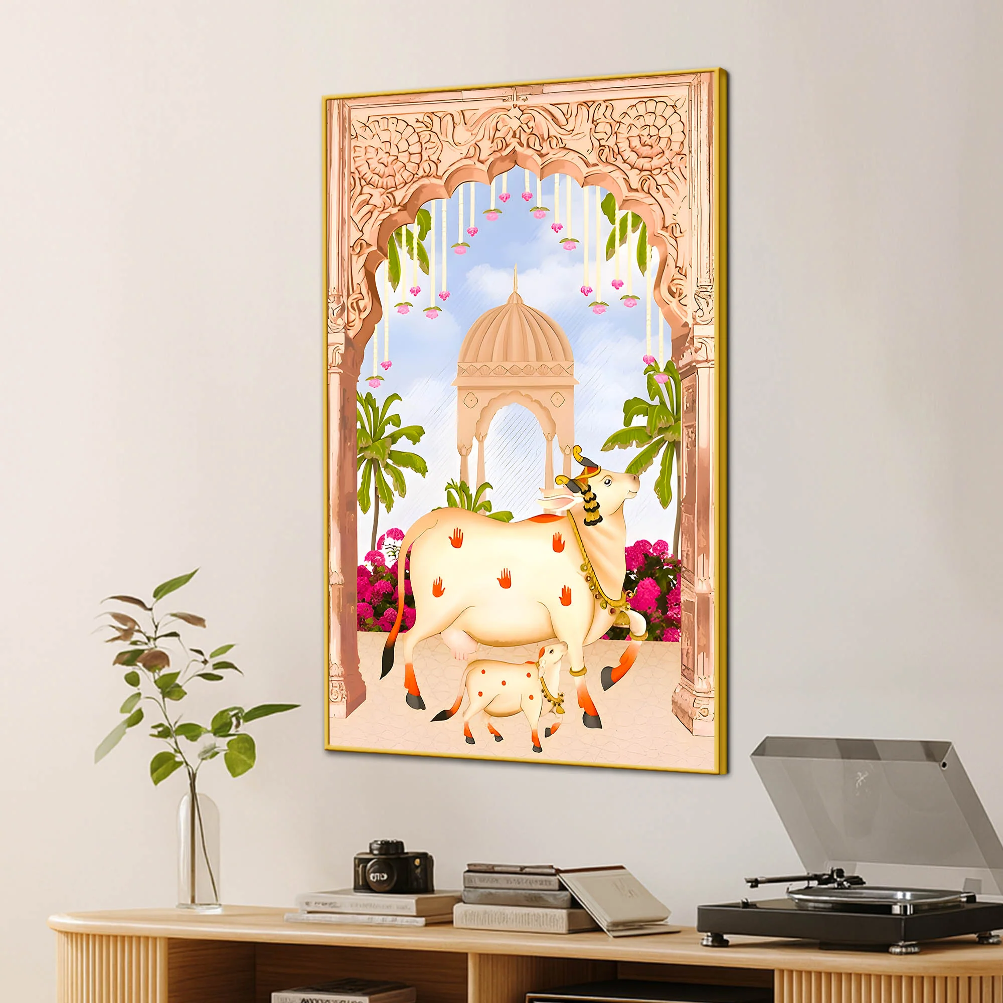 Sacred Cow Kamdhenu with Calf Canvas Wall Painting - Image 3
