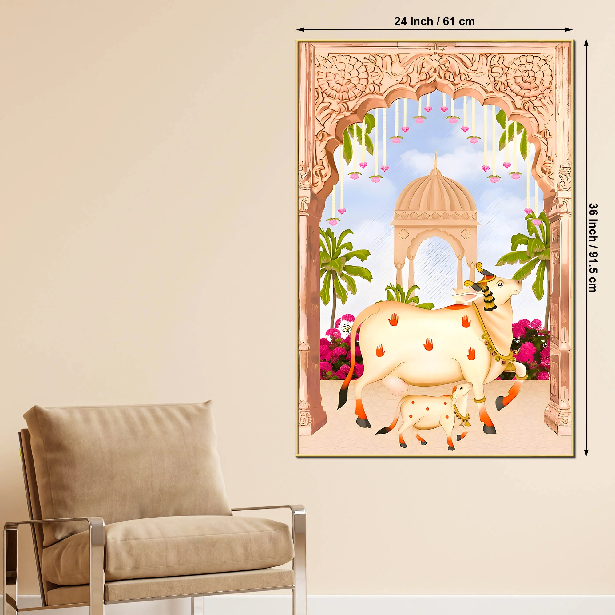 Sacred Cow Kamdhenu with Calf Canvas Wall Painting - Image 5