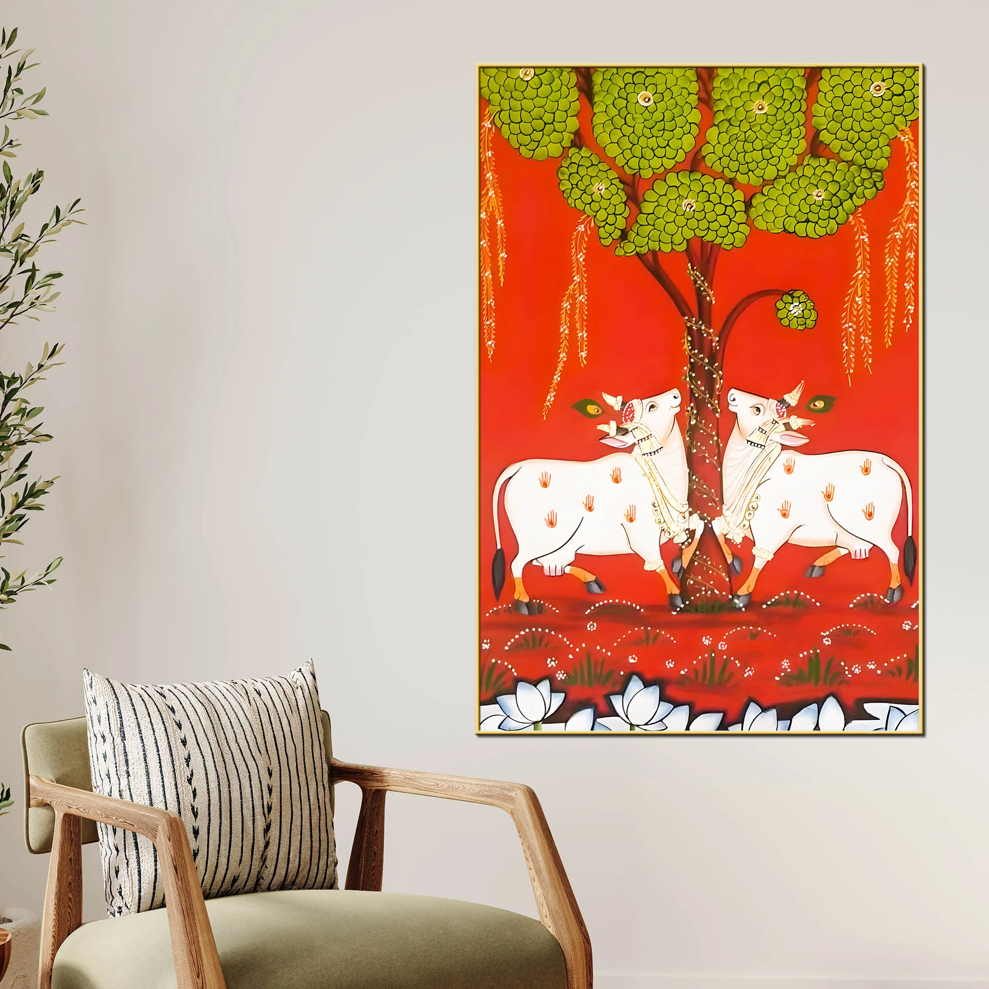 Sacred Cow Under Tree Indian Village Folk Art Canvas Wall Painting - Image 2