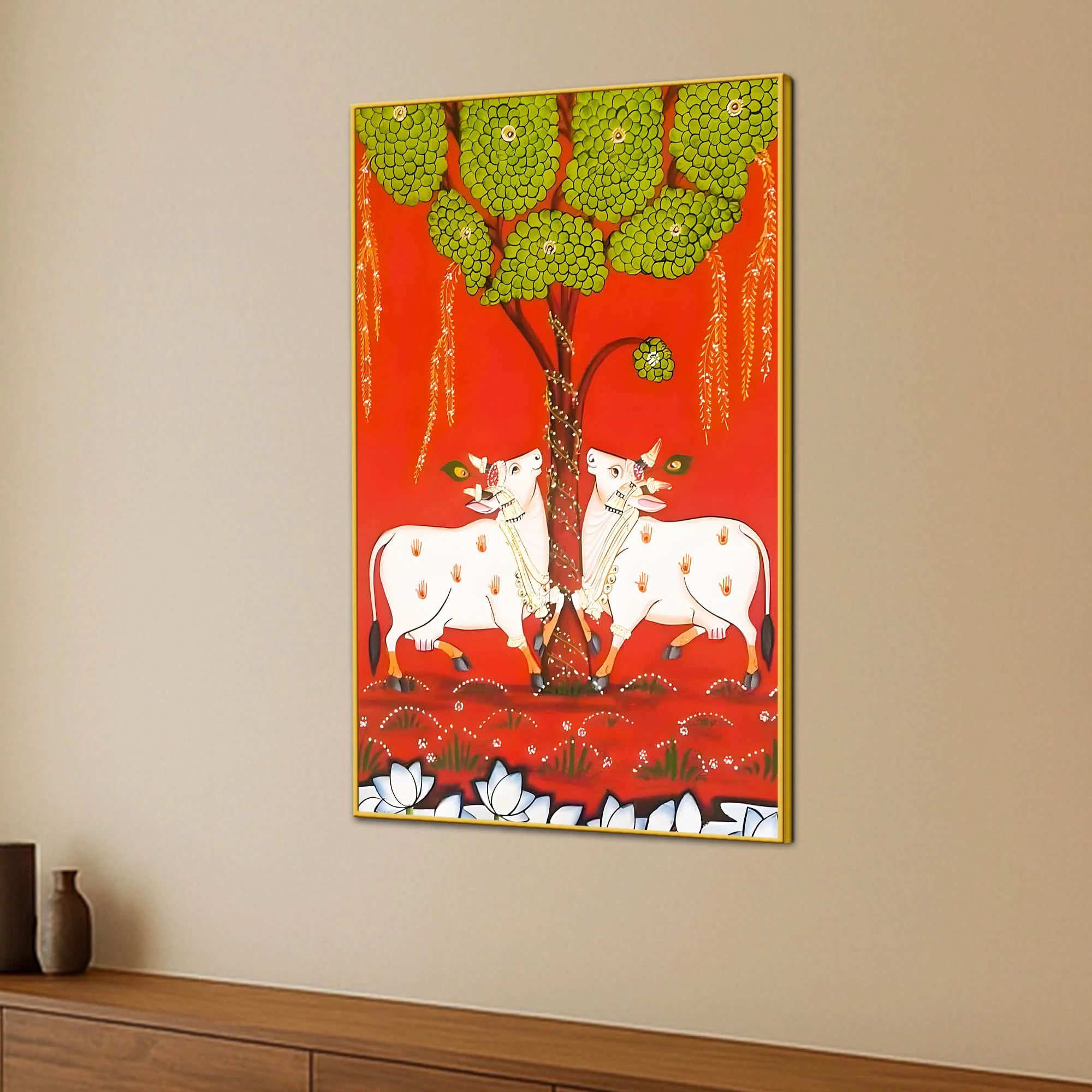 Sacred Cow Under Tree Indian Village Folk Art Canvas Wall Painting - Image 3