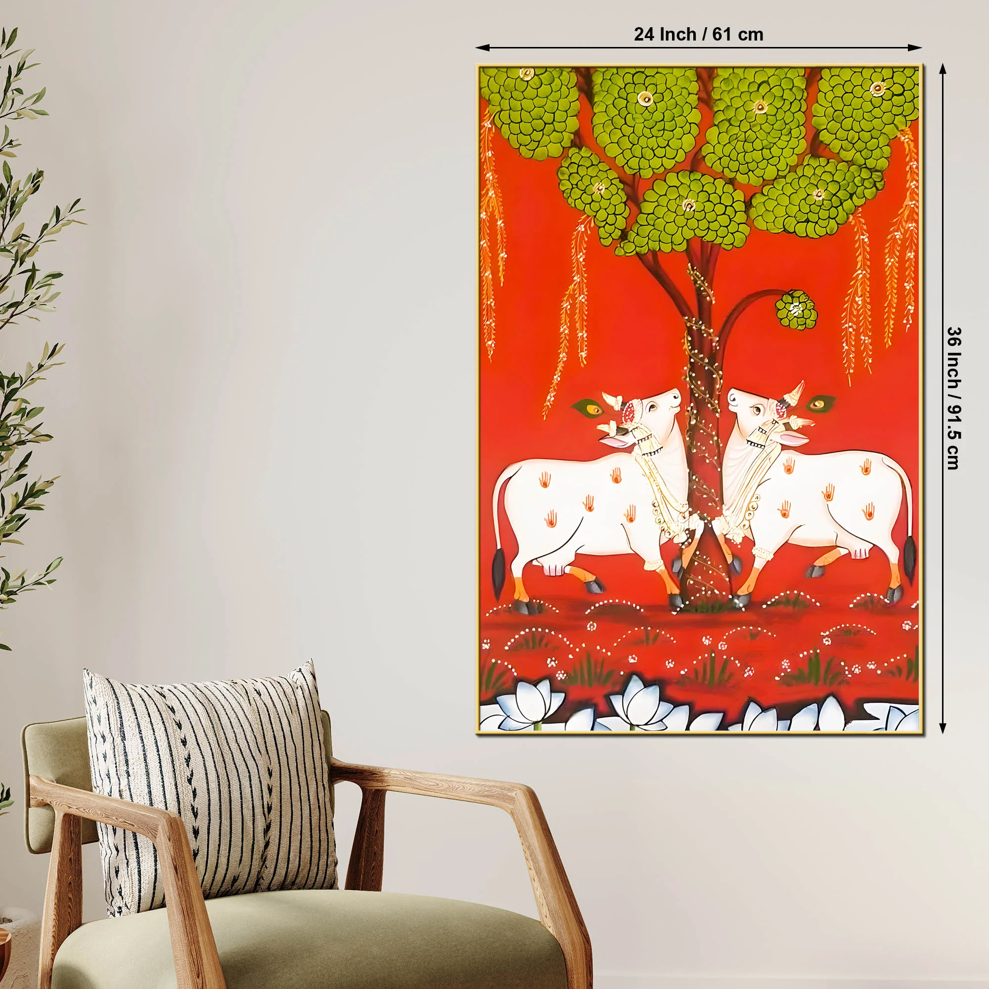Sacred Cow Under Tree Indian Village Folk Art Canvas Wall Painting - Image 5
