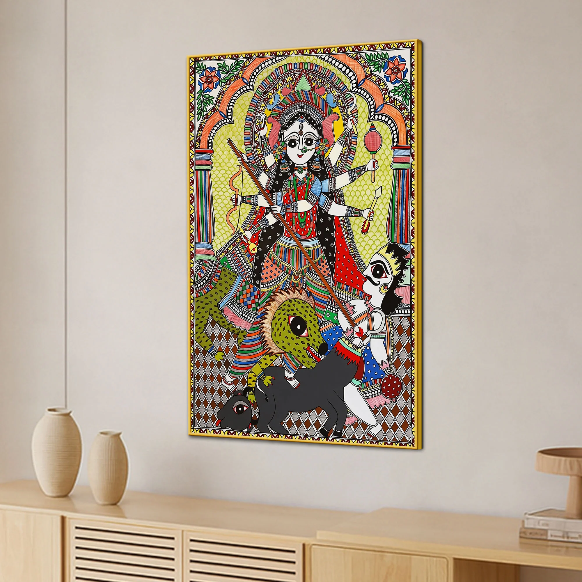 Sacred Goddess Durga Madhubani Canvas Wall Painting - Image 3