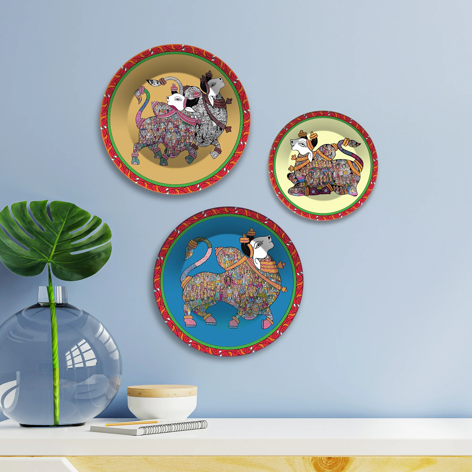 Sacred Guardians Nandi Premium Wall Plates Painting Set of 3 - Image 2