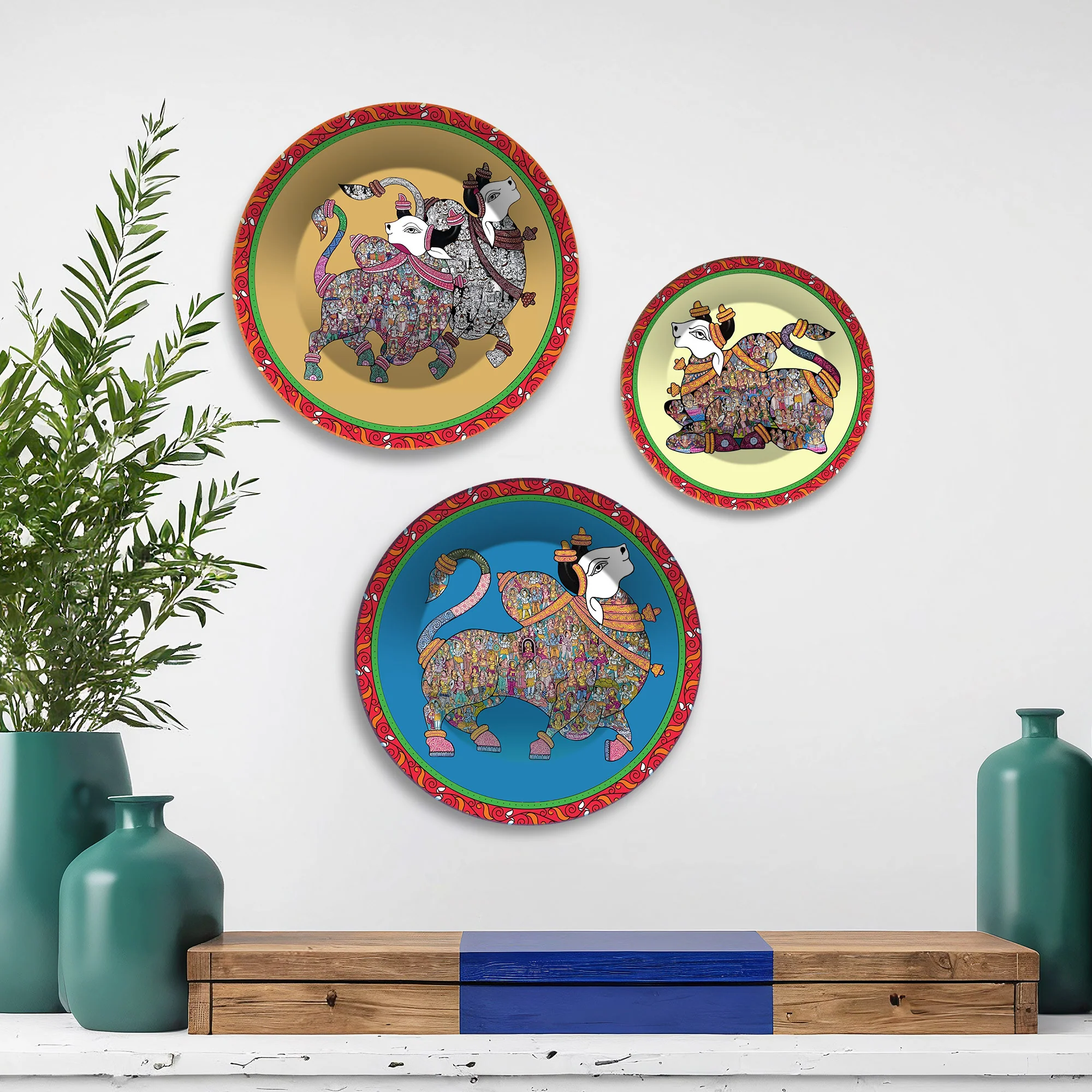 Sacred Guardians Nandi Premium Wall Plates Painting Set of 3 - Image 3