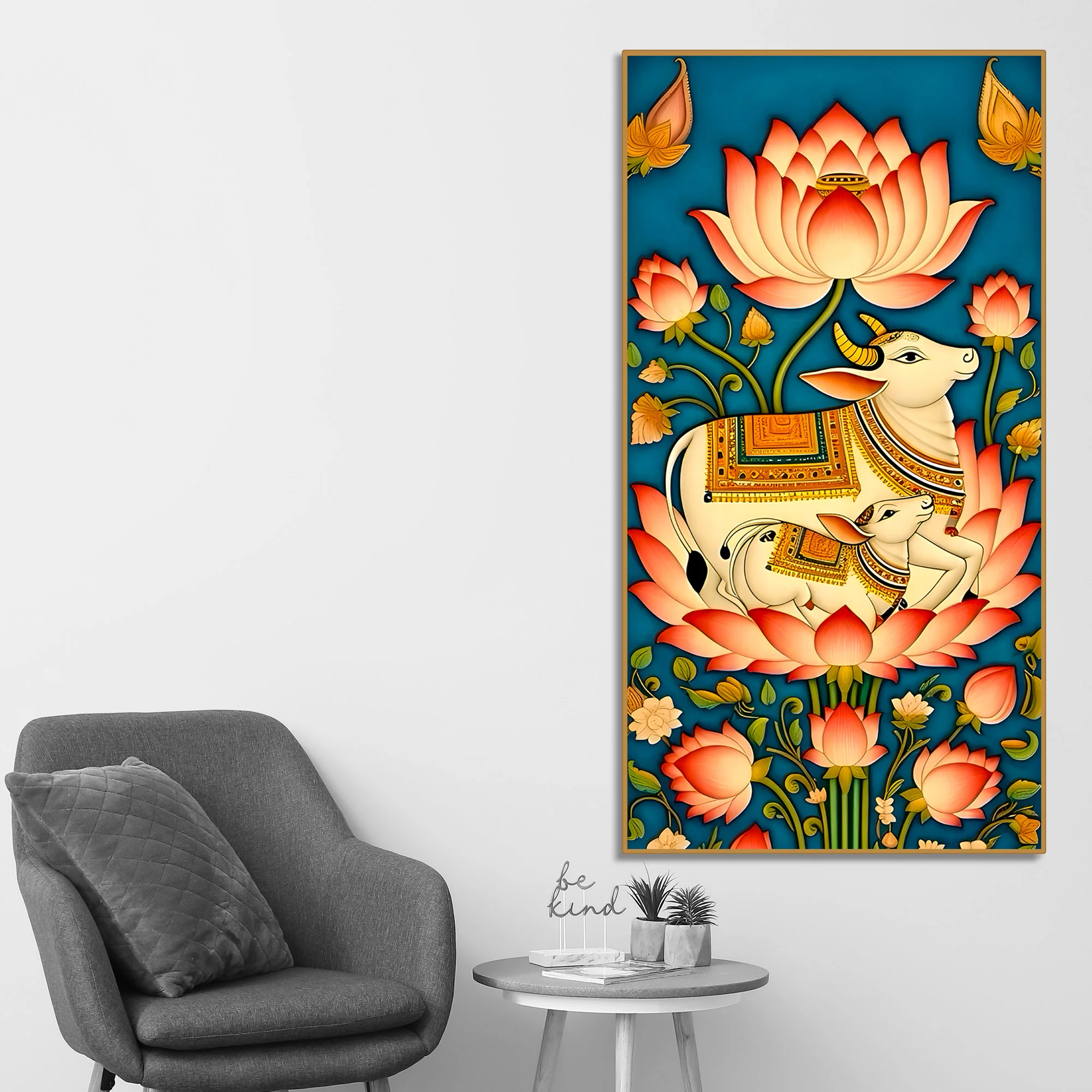 Sacred Kamdhenu Cow and Calf Lotus Canvas Painting | Spiritual Wall Art - Image 2
