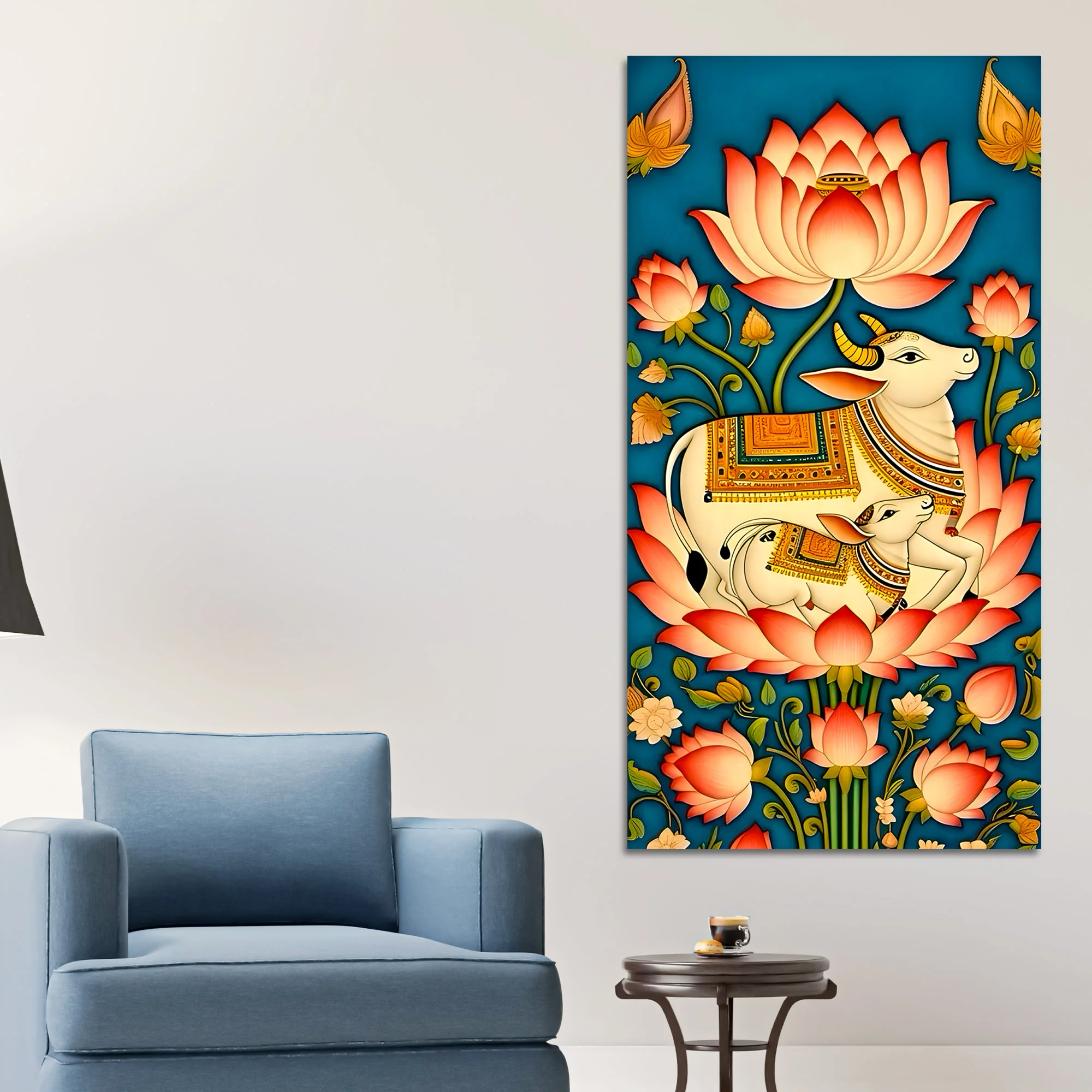 Sacred Kamdhenu Cow and Calf Lotus Canvas Painting | Spiritual Wall Art - Image 3