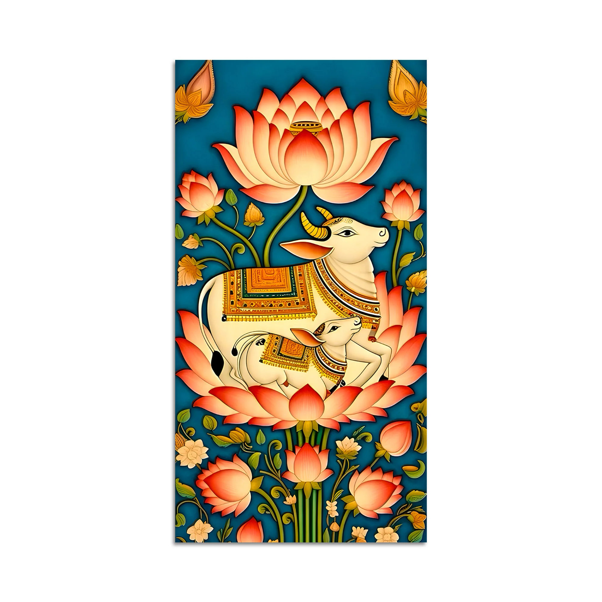 Sacred Kamdhenu Cow and Calf Lotus Canvas Painting | Spiritual Wall Art - Image 4