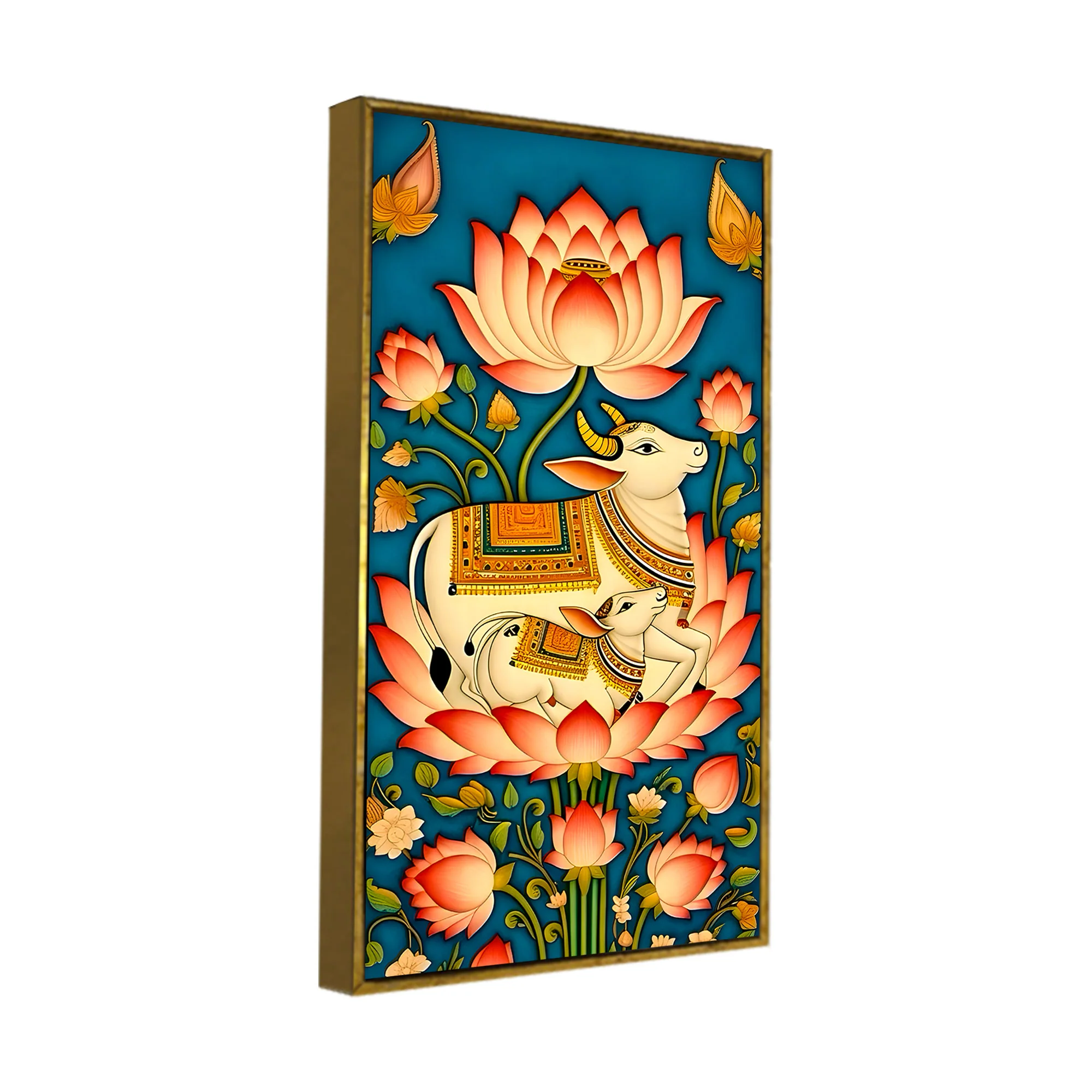 Sacred Kamdhenu Cow and Calf Lotus Canvas Painting | Spiritual Wall Art - Image 6