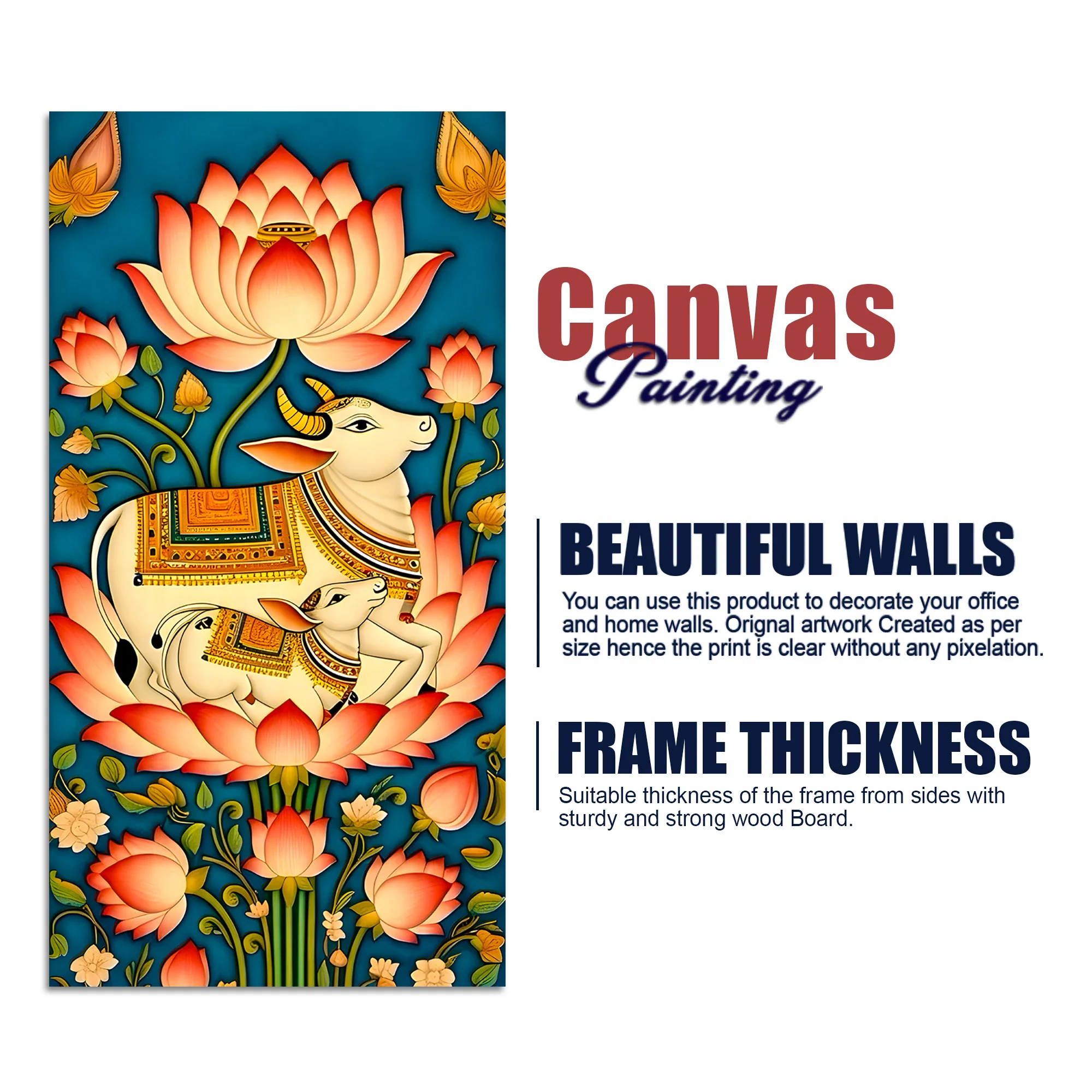 Sacred Kamdhenu Cow and Calf Lotus Canvas Painting | Spiritual Wall Art - Image 7