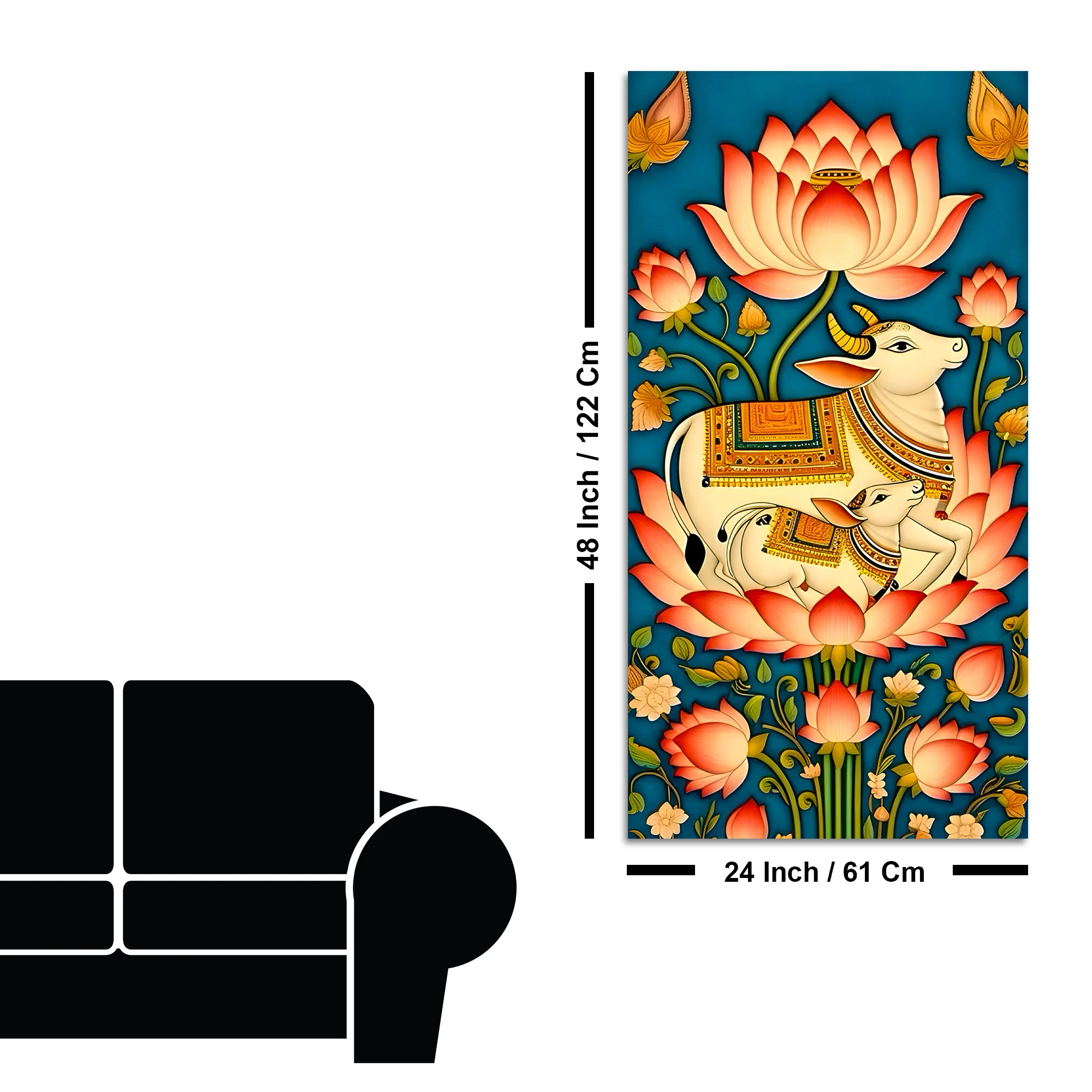 Sacred Kamdhenu Cow and Calf Lotus Canvas Painting | Spiritual Wall Art - Image 8