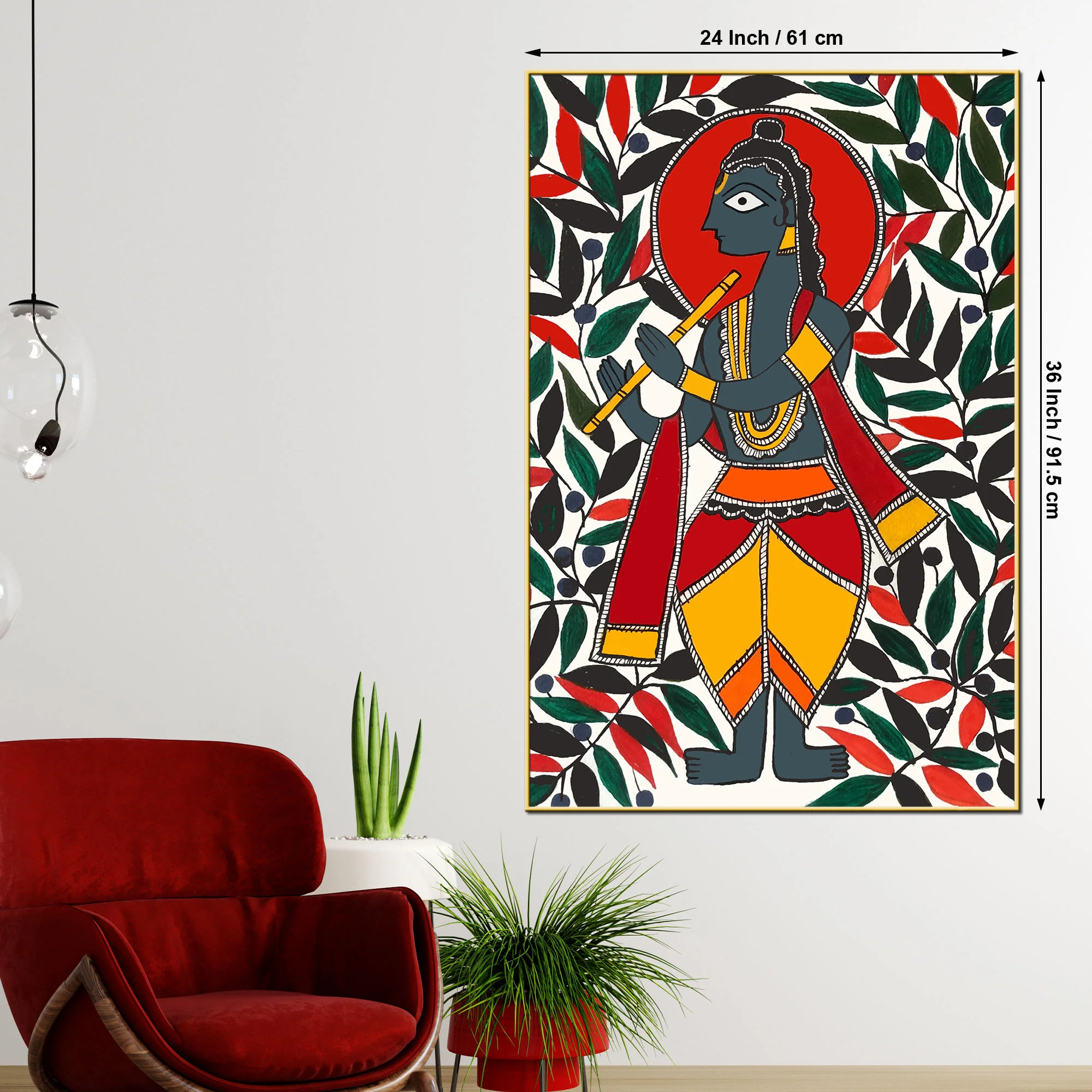 Sacred Krishna Madhubani Canvas Painting - Image 5