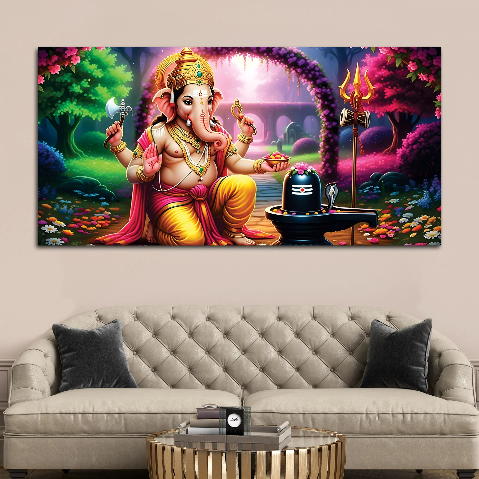Sacred Lord Shri Ganesh Worshiping Lord Mahadev Shiva Lingam Premium Canvas Wall Painting for Home & Office Wall Decor – Modern Devotion Wall Art - Image 2