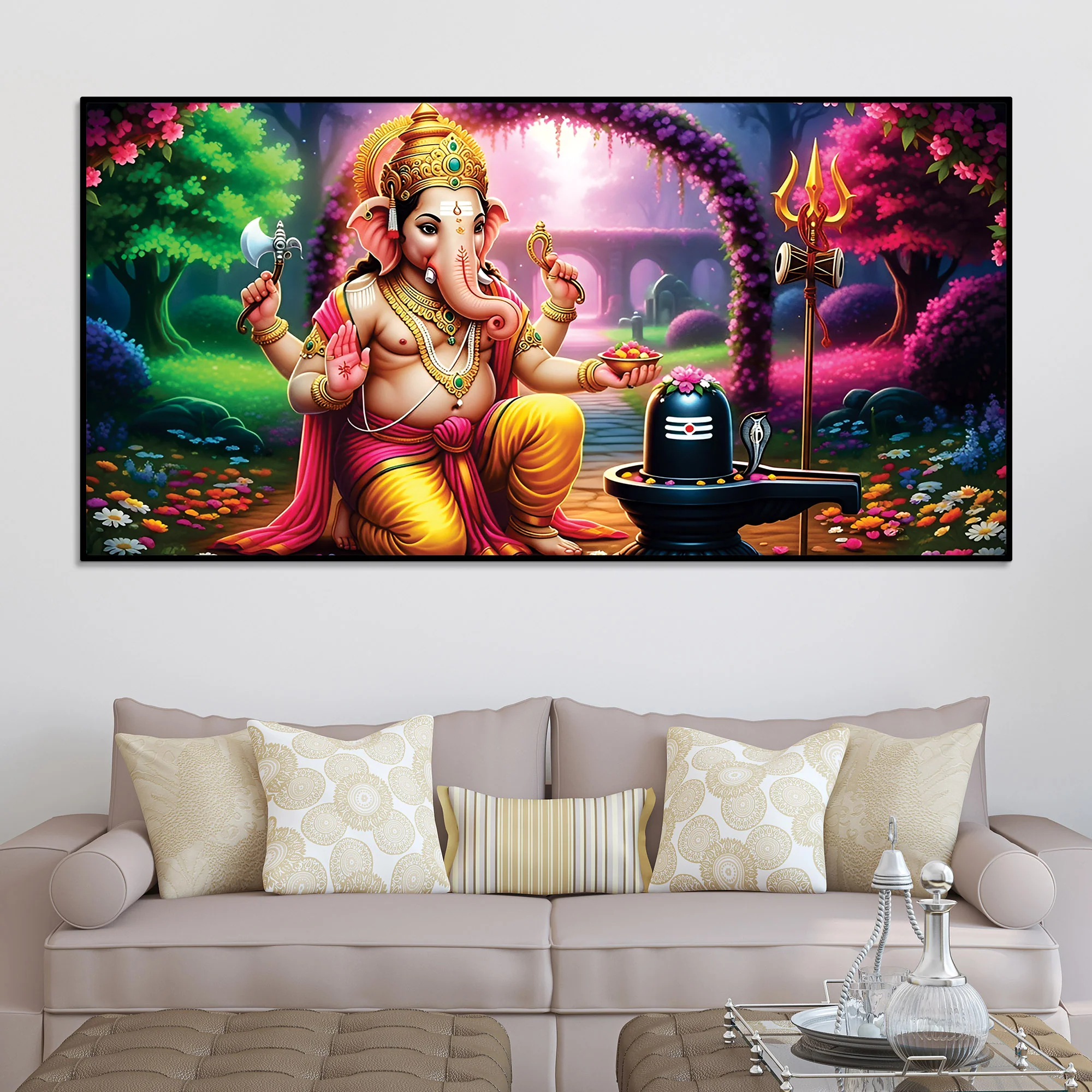 Sacred Lord Shri Ganesh Worshiping Lord Mahadev Shiva Lingam Premium Canvas Wall Painting for Home & Office Wall Decor – Modern Devotion Wall Art - Image 3