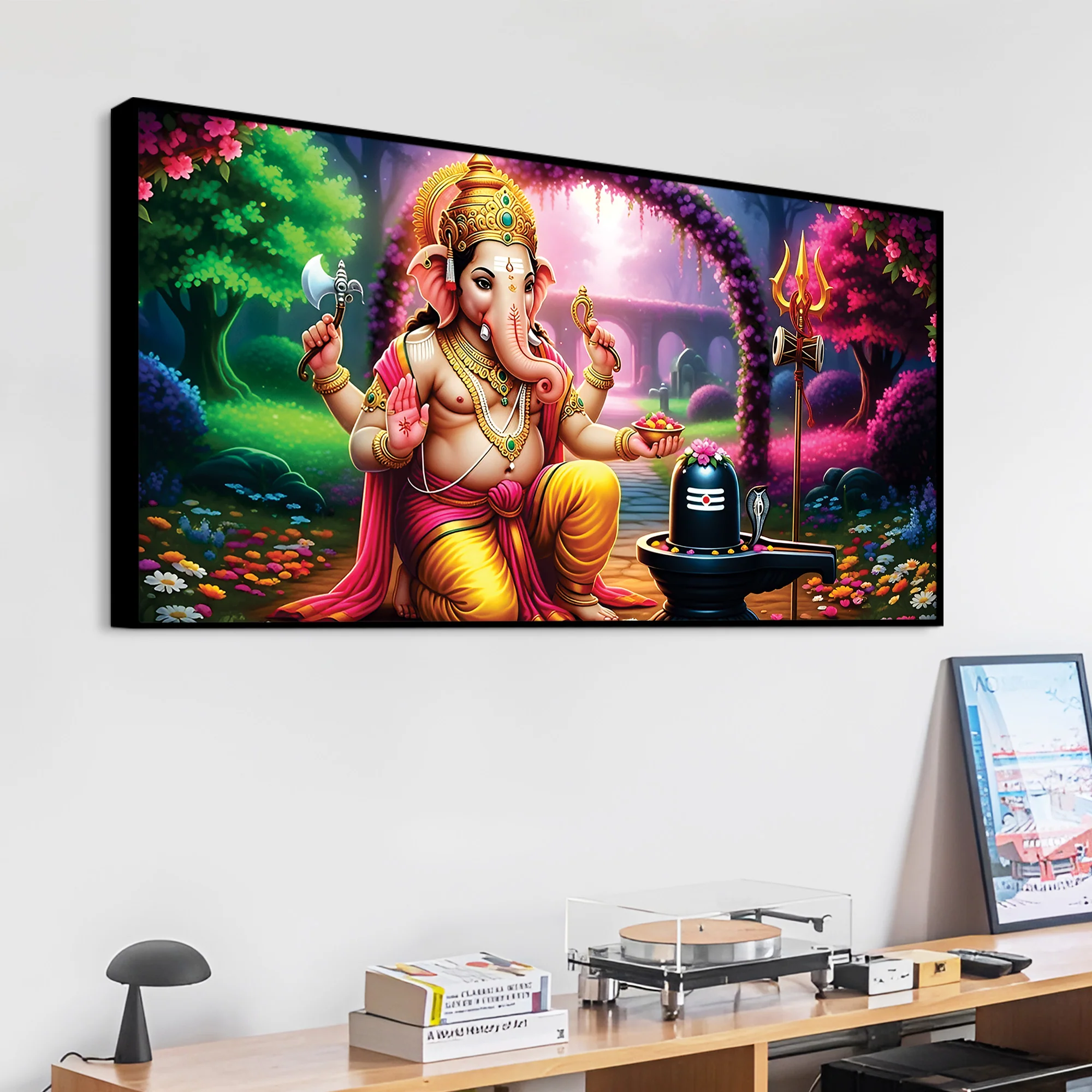 Sacred Lord Shri Ganesh Worshiping Lord Mahadev Shiva Lingam Premium Canvas Wall Painting for Home & Office Wall Decor – Modern Devotion Wall Art - Image 5