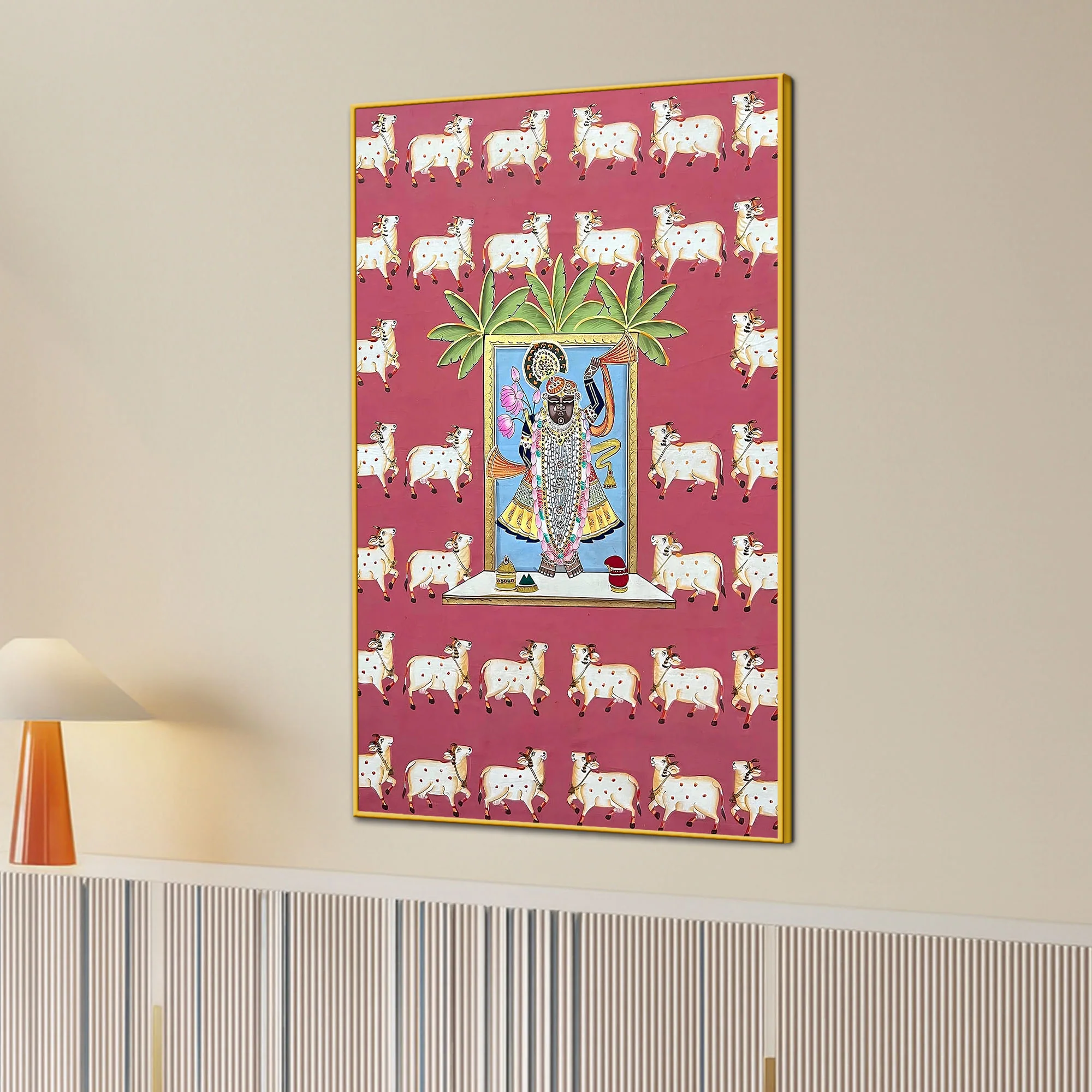 Sacred Lord Shrinathji Darshan with Cow Motif Spiritual Pichwai Canvas Wall Painting - Image 3