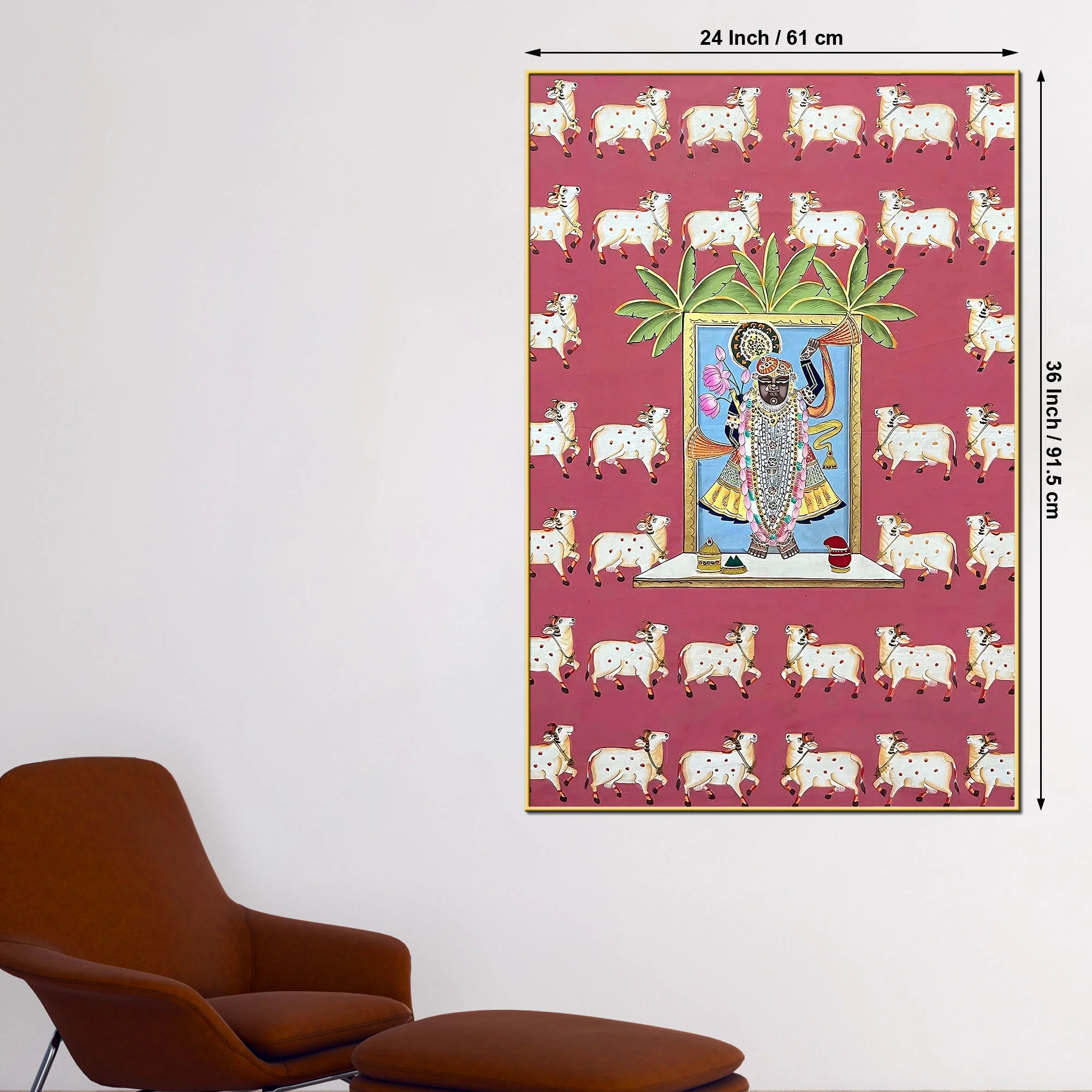 Sacred Lord Shrinathji Darshan with Cow Motif Spiritual Pichwai Canvas Wall Painting - Image 5