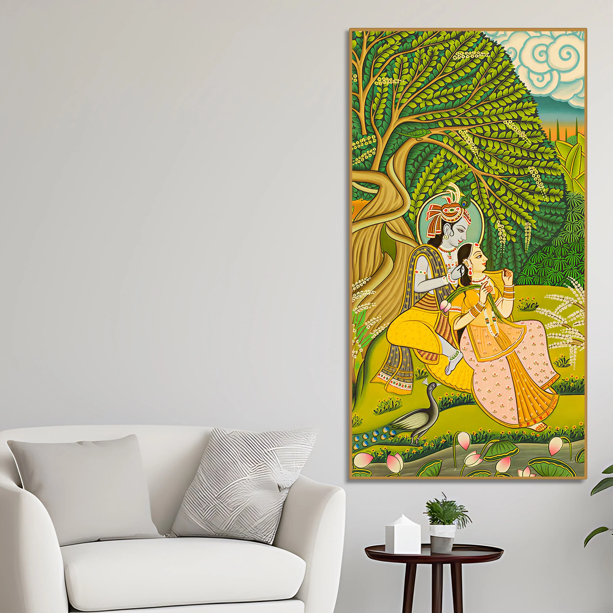 Sacred Radha Krishna Nature Scene Canvas Painting | Spiritual Wall Decor - Image 2