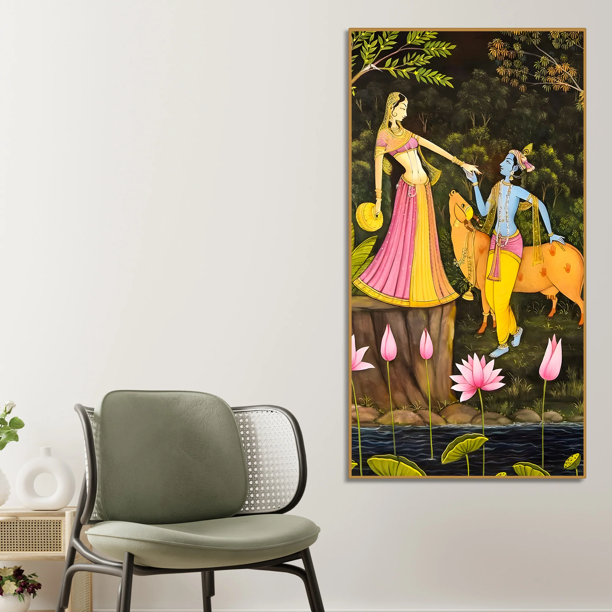 Sacred Radha Krishna with Cow Canvas Wall Art Painting | Spiritual Indian Home Decor