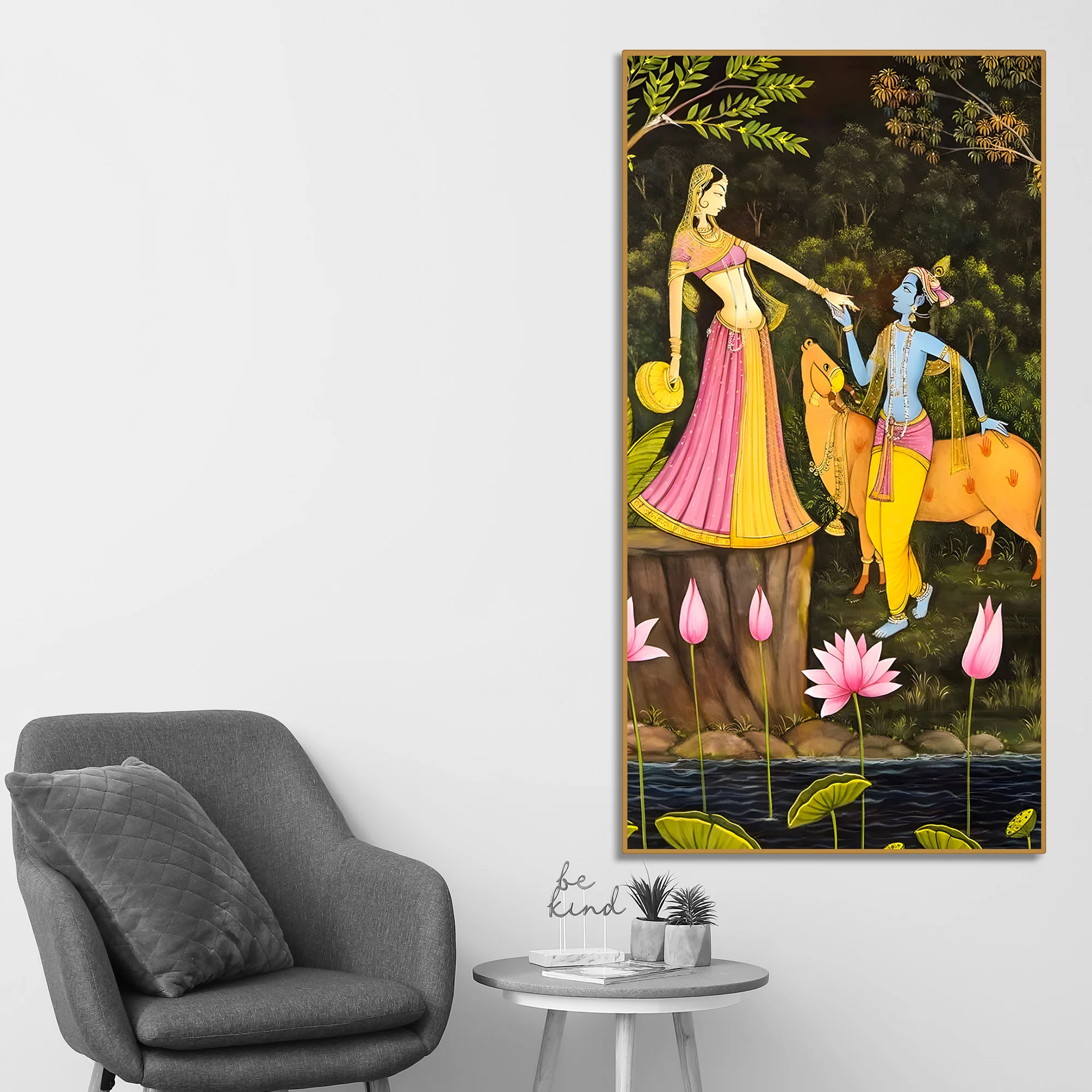 Sacred Radha Krishna with Cow Canvas Wall Art Painting | Spiritual Indian Home Decor - Image 2