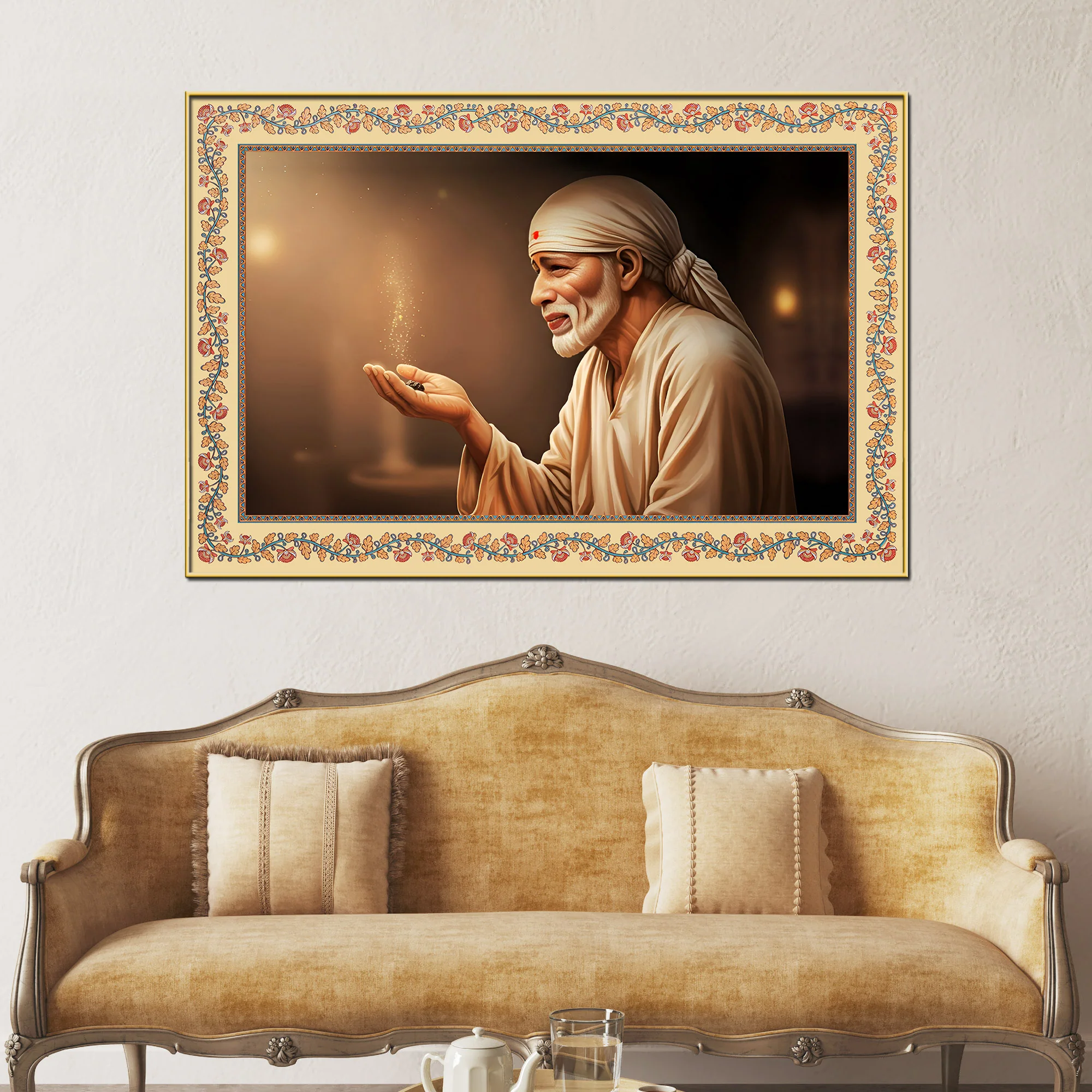 Sacred Shirdi Sai Baba Floral Border Canvas Wall Painting - Image 2